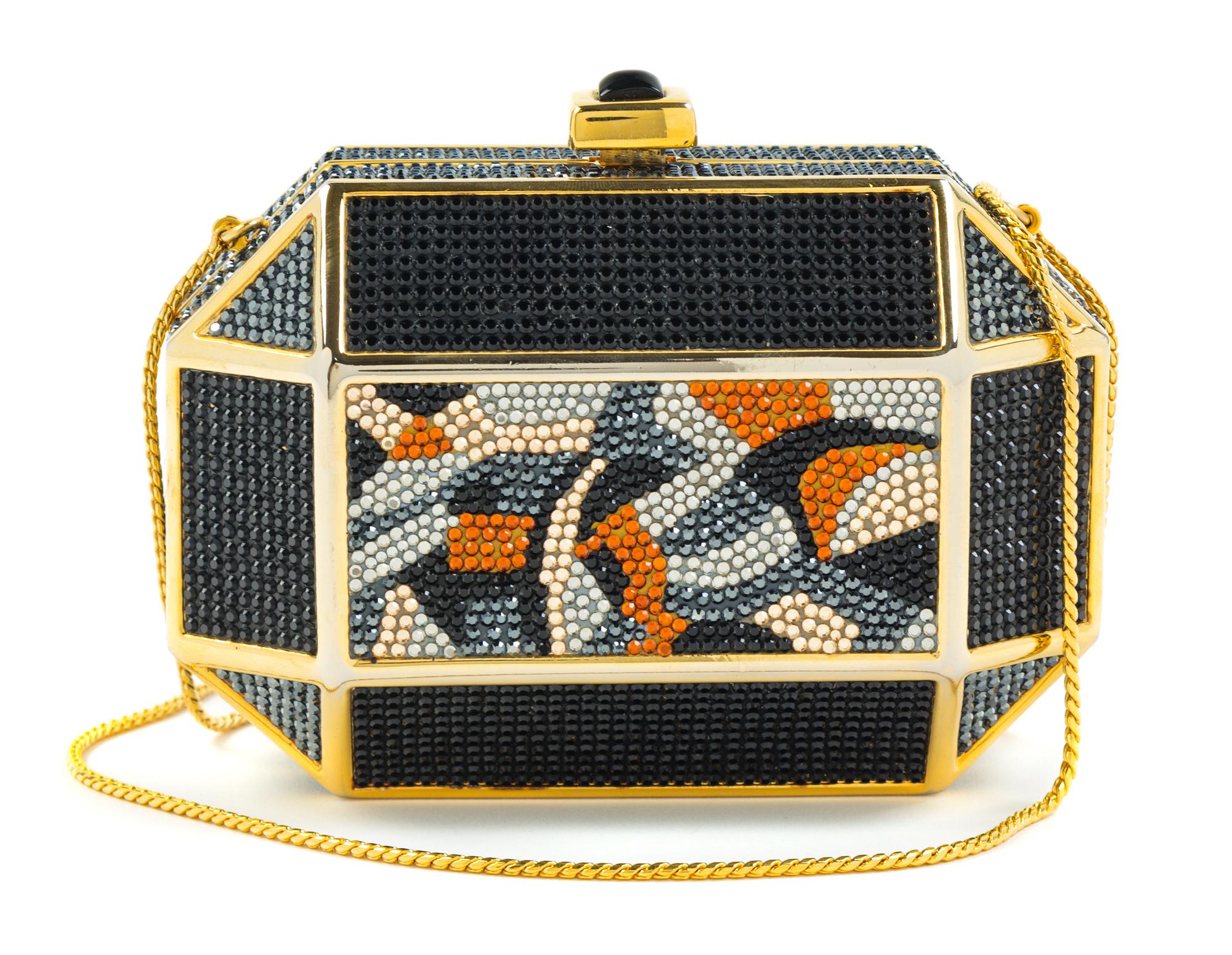 A Judith Leiber Black Crystal Geometric Clutch, 6" x 4.5" x 3.5".