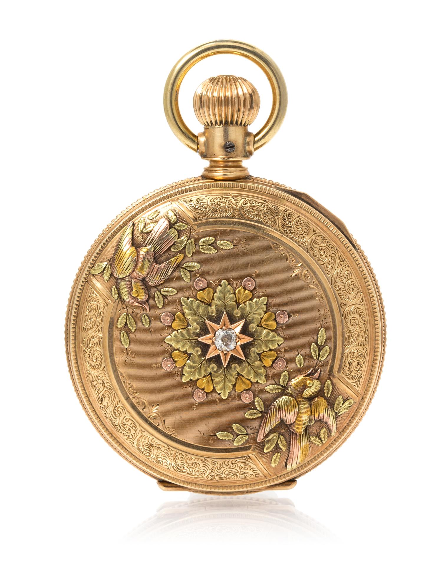 A 14 Karat Gold and Diamond Hunter Case Portrait Pocket Watch, Elgin,