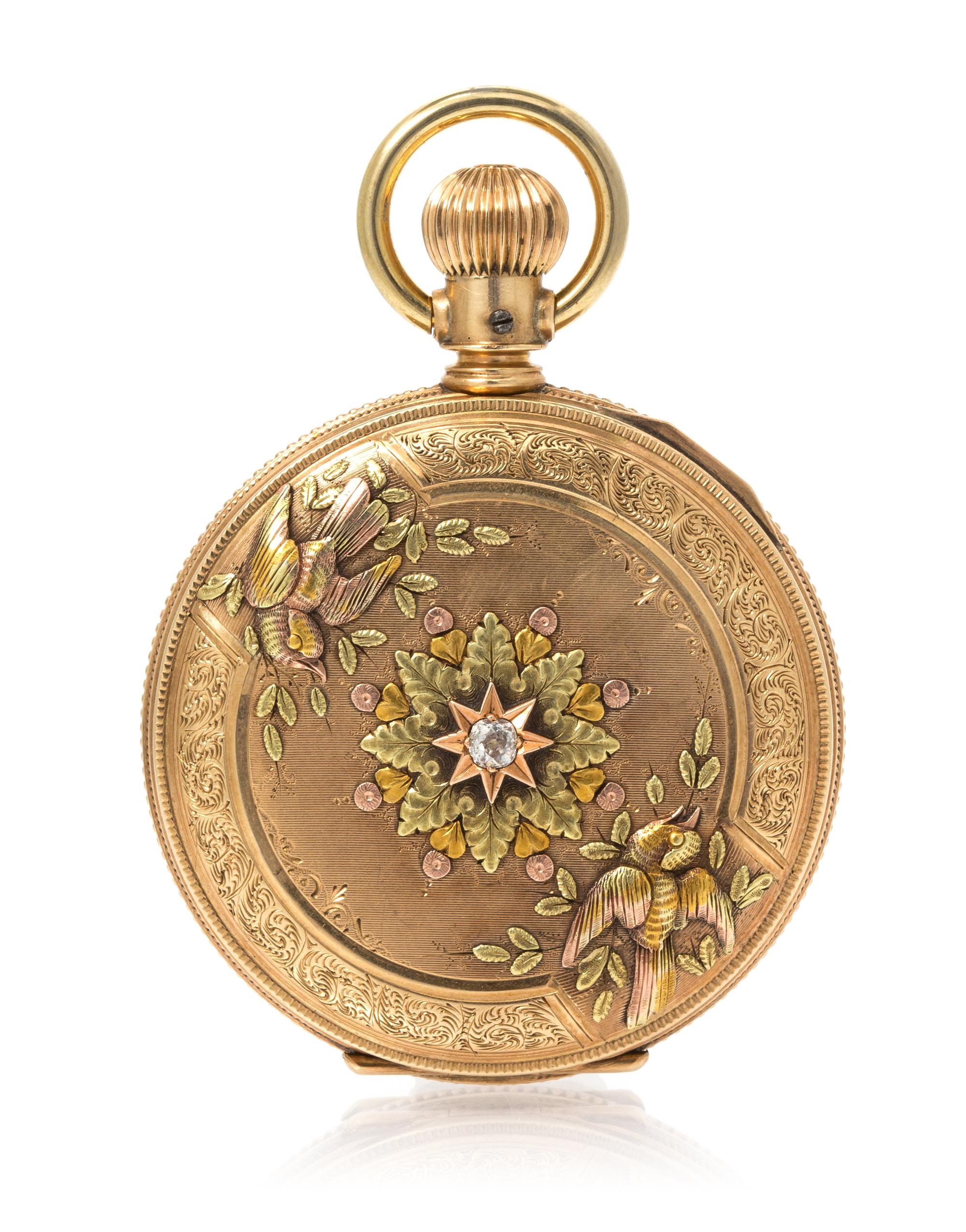 A 14 Karat Gold and Diamond Hunter Case Portrait Pocket Watch, Elgin,