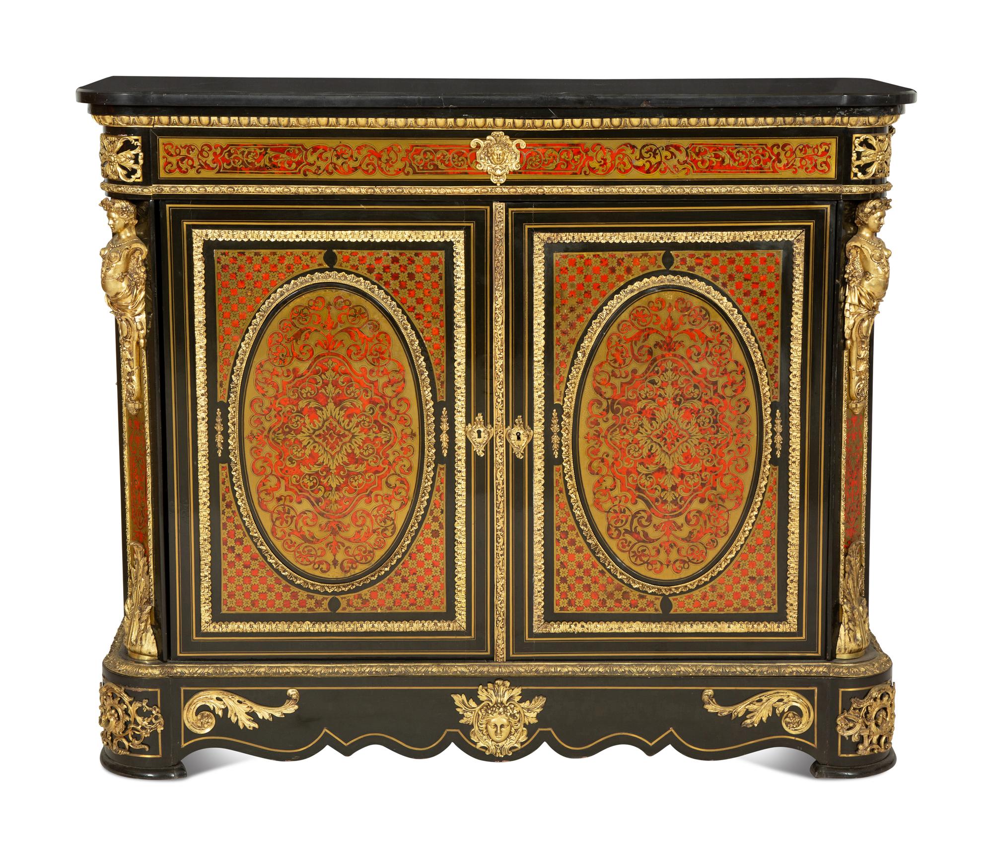 A Napoleon III Gilt Bronze Mounted Boulle Marquetry Marble-Top Console Cabinet