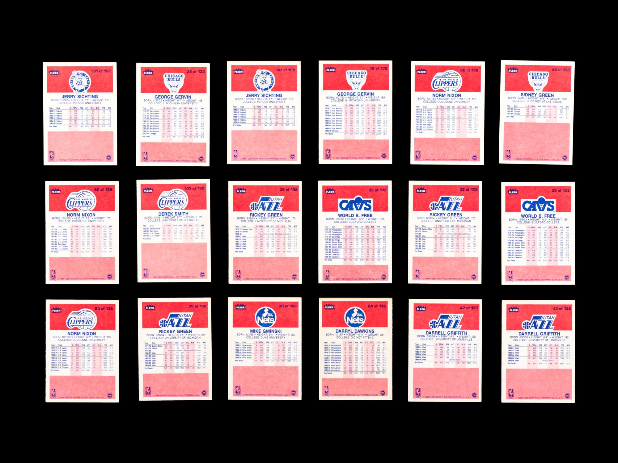 A Group of 71 1986 Fleer Basketball Cards and Stickers (Including Julius Erving, Patrick Ewing, Magic Johnson and Hakeem Olajuwon)