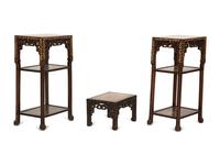 A Pair of Chinese Mother-of-Pearl Inlaid Marble Top Side Tables and a Smaller Low Table