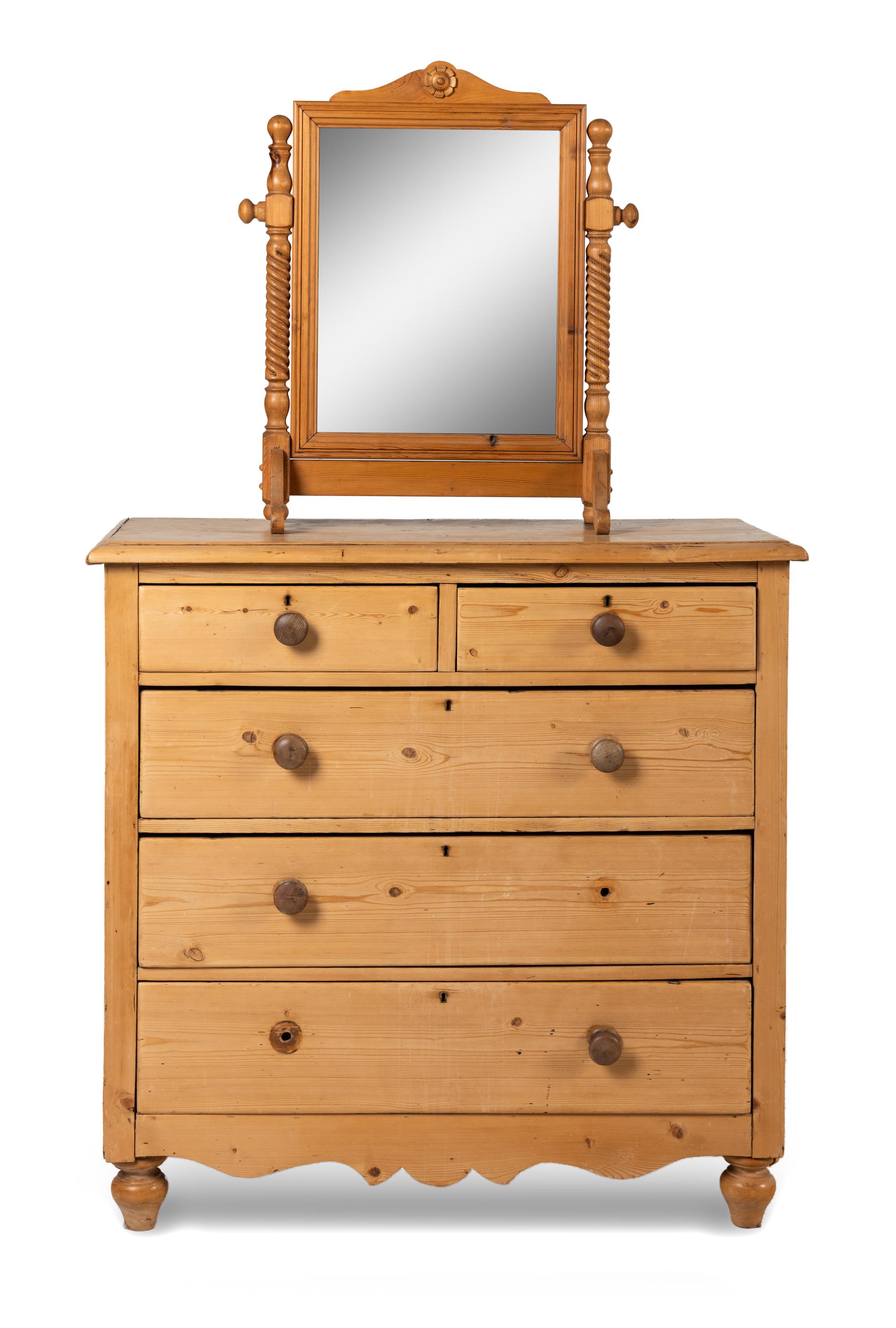 An English Pine Chest of Drawers and an Associated Dressing Mirror