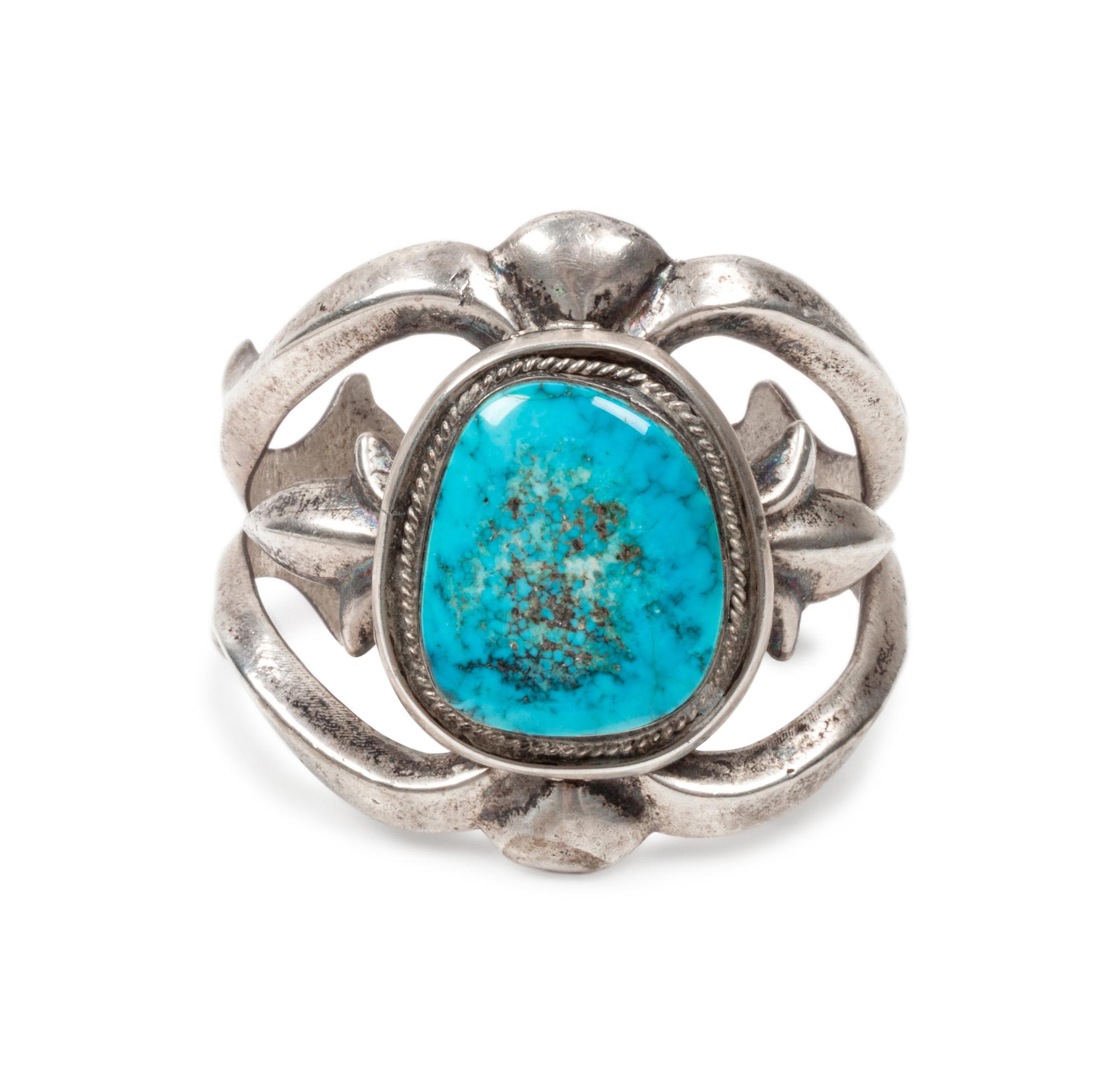 Navajo Sand Cast Silver and Turquoise Cuff Bracelet, PLUS