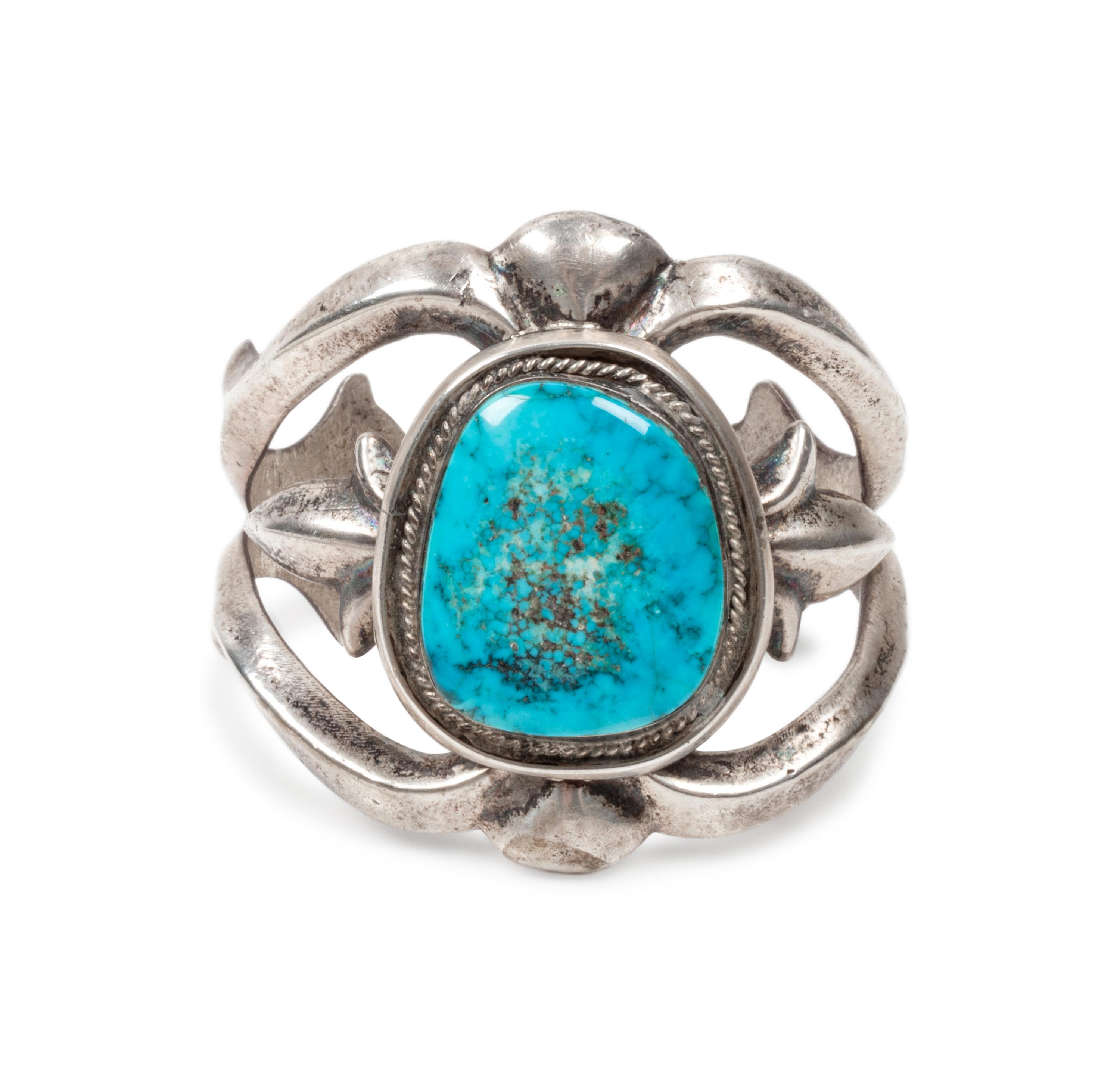 Navajo Sand Cast Silver and Turquoise Cuff Bracelet, PLUS
