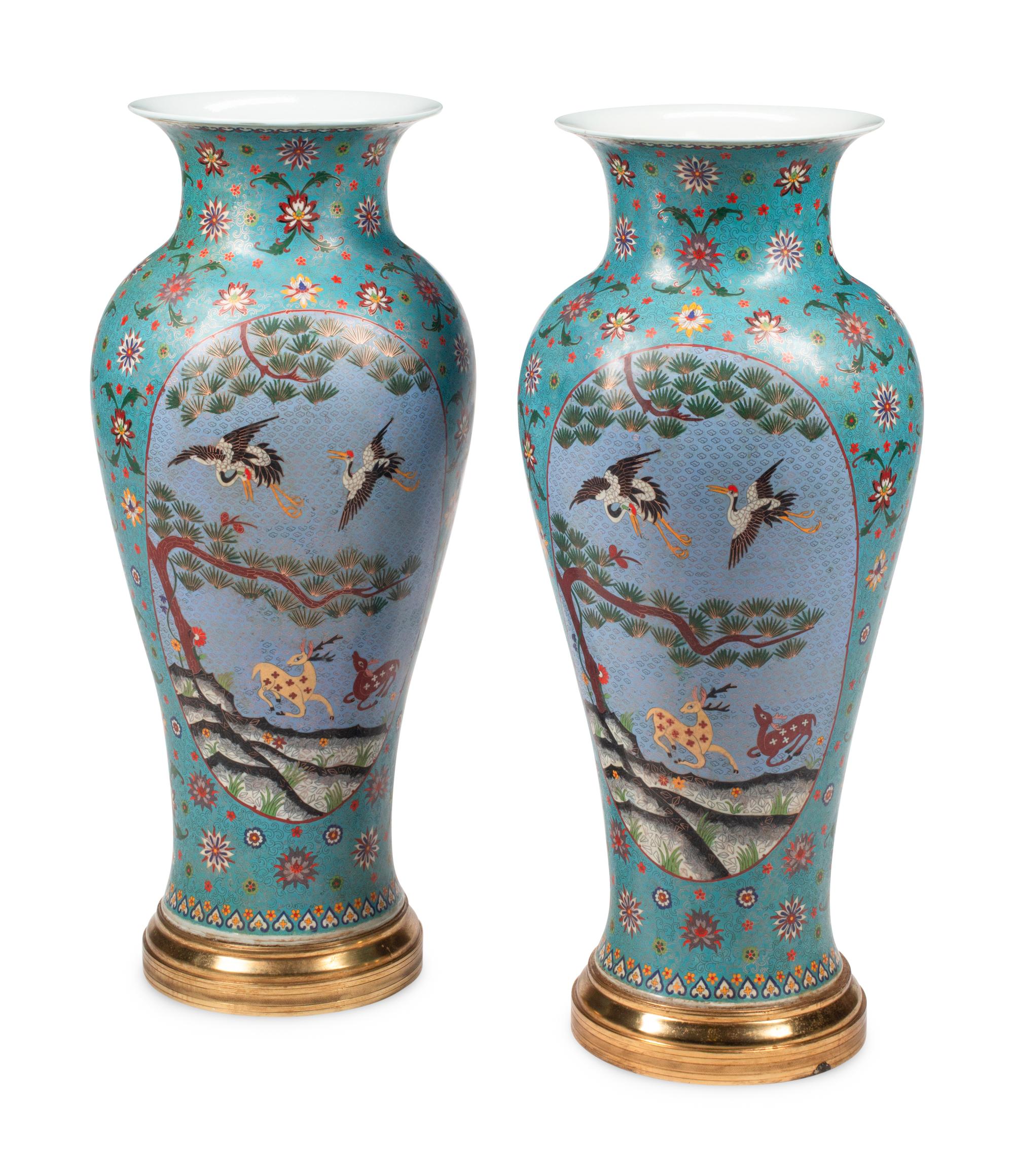 A Pair of Large Chinese Cloisonné-on-Porcelain Vases with Gilt Bronze Stands