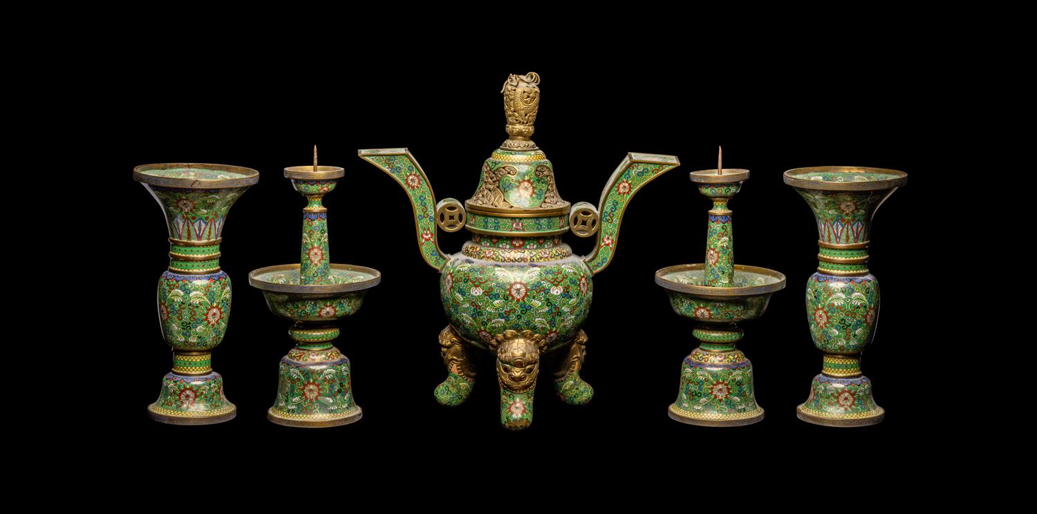 A Chinese Five-Piece Cloisonné Enamel Altar Set