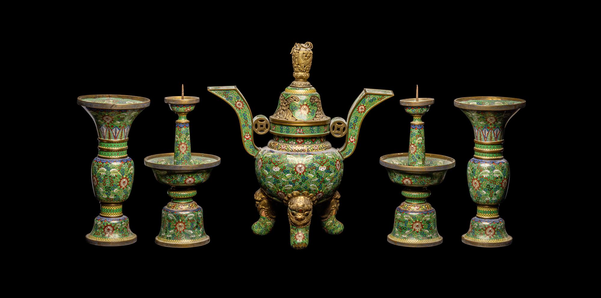 A Chinese Five-Piece Cloisonné Enamel Altar Set