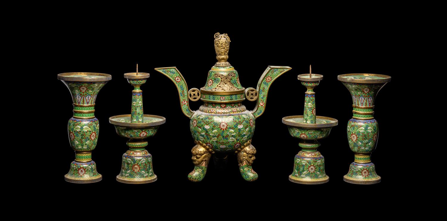 A Chinese Five-Piece Cloisonné Enamel Altar Set