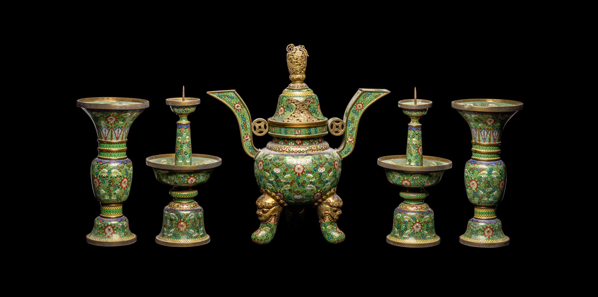 A Chinese Five-Piece Cloisonné Enamel Altar Set