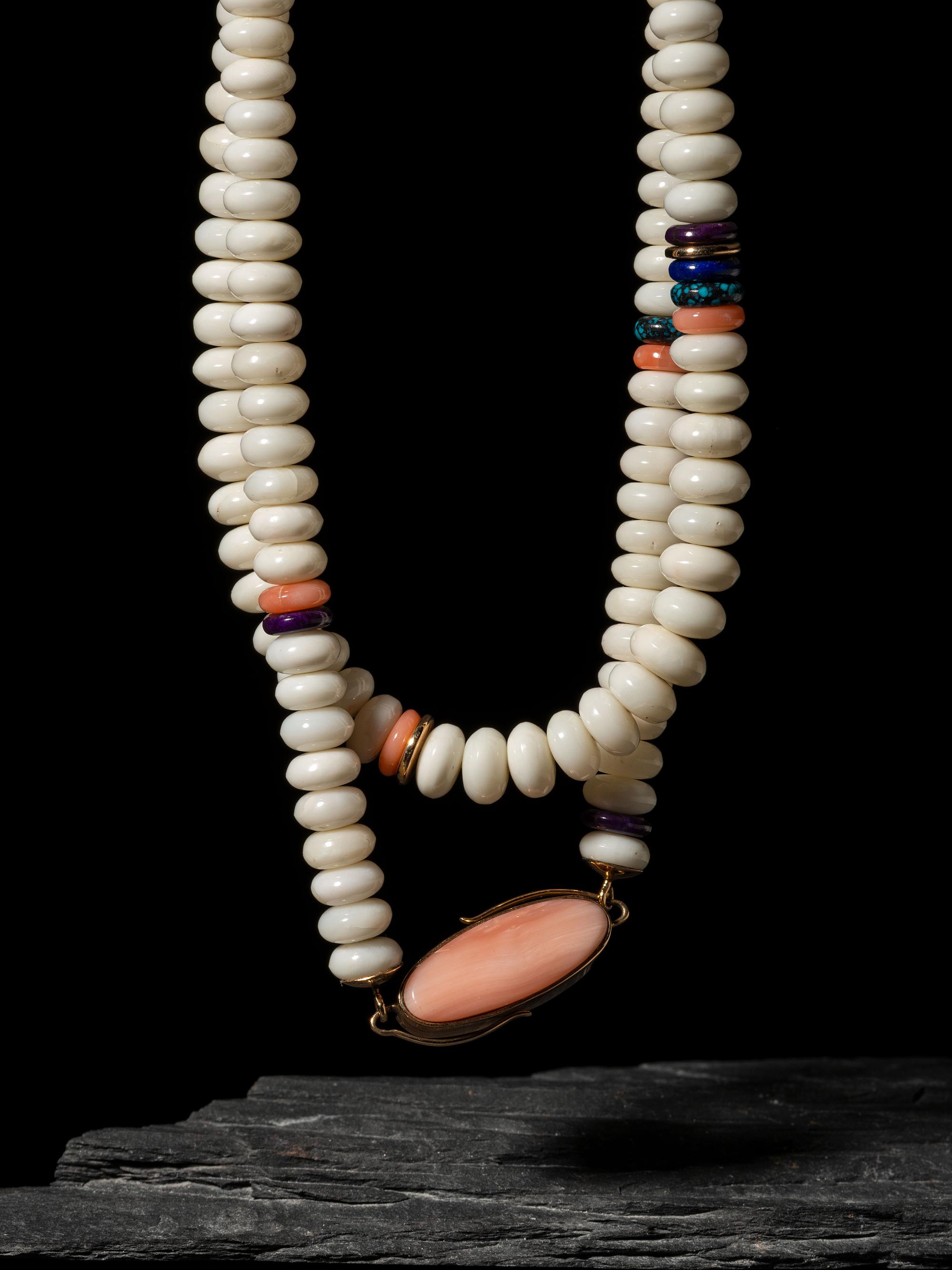 Single-strand White Coral Necklace, PLUS 14K Gold and Dolomite Clip Earrings