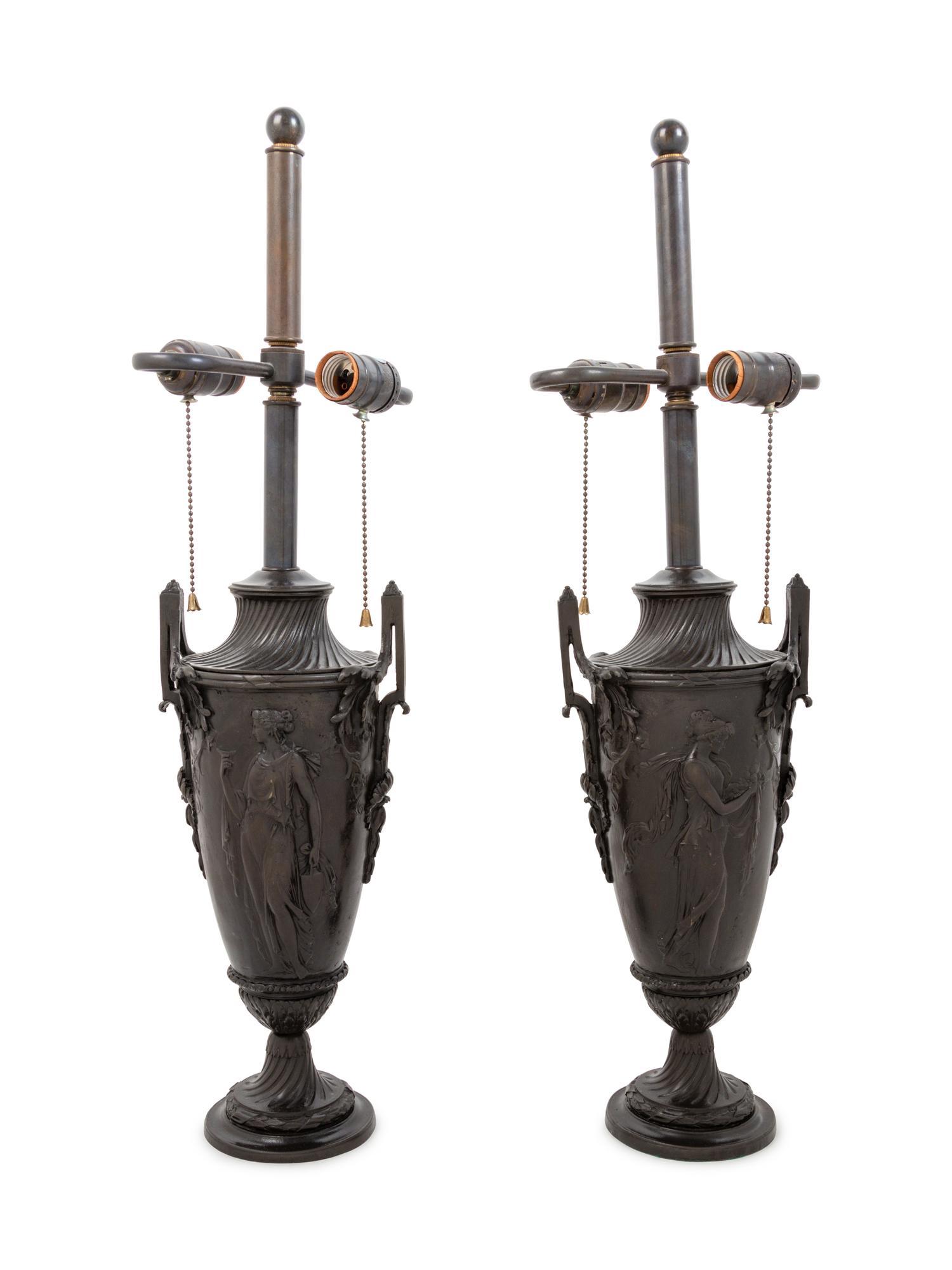 A Pair of Neoclassical Bronze Urns Mounted as Lamps