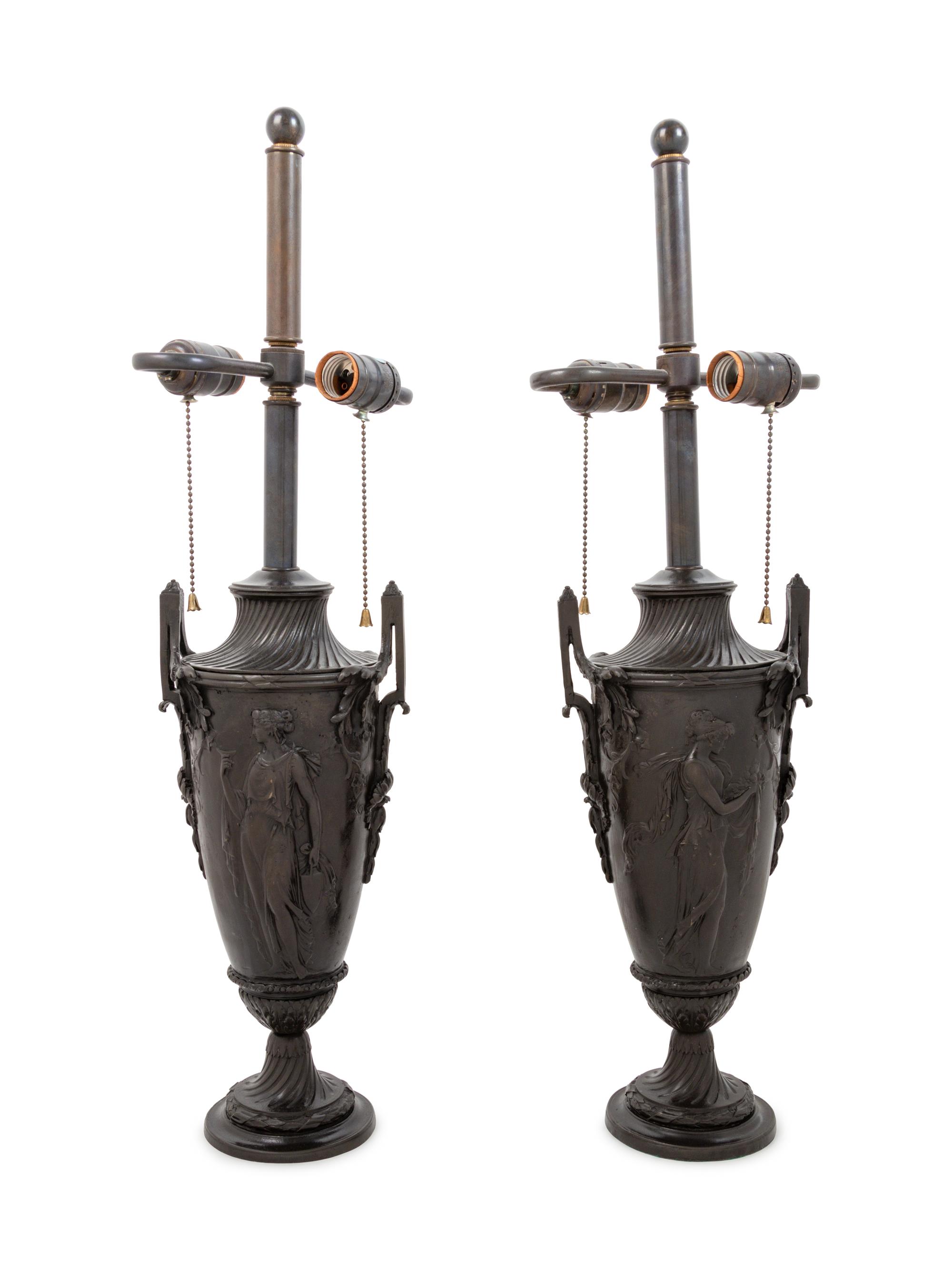 A Pair of Neoclassical Bronze Urns Mounted as Lamps