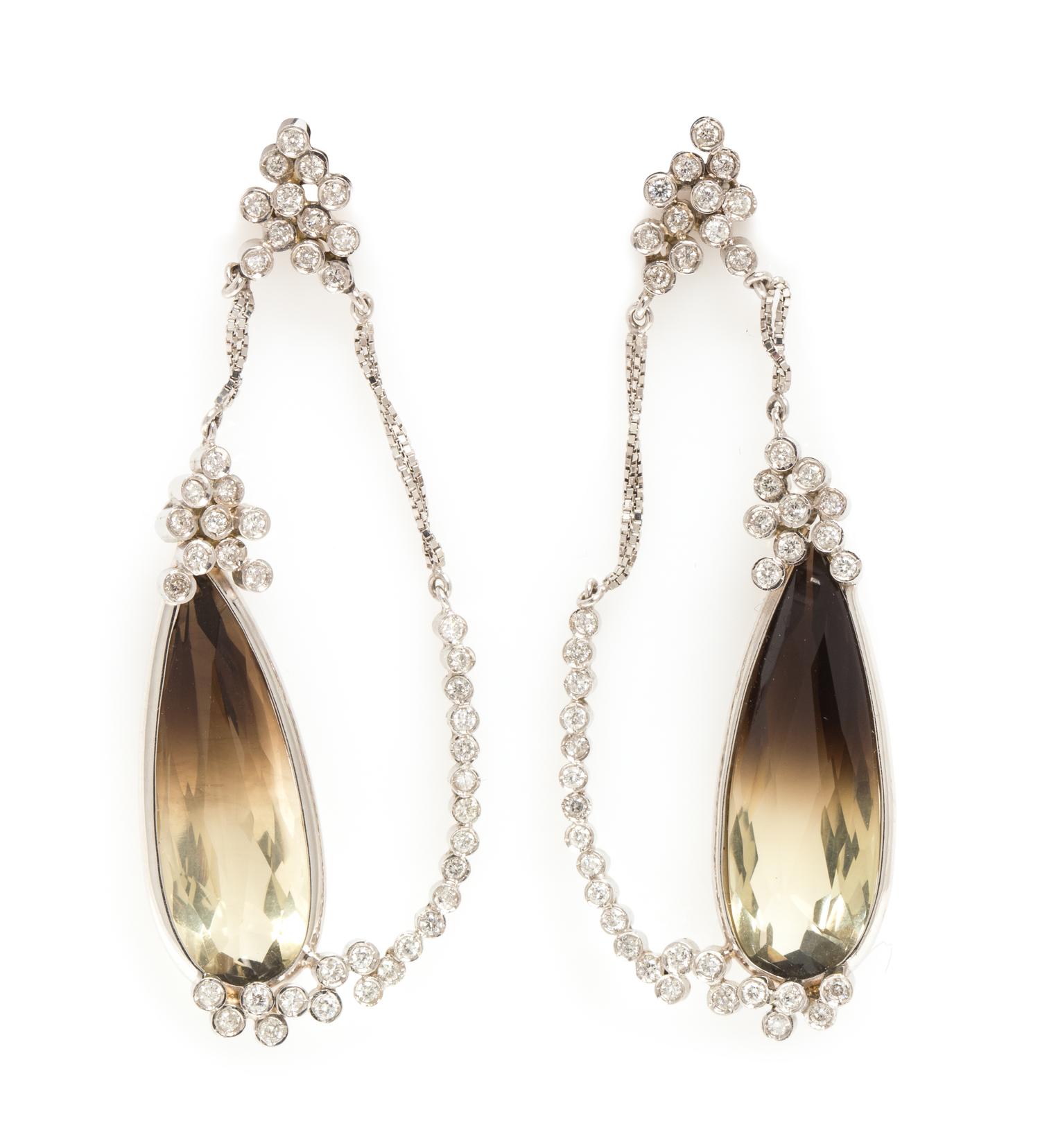 A Pair of 18 Karat White Gold, Smoky Quartz and Diamond Earrings, Mary Esses, 10.60 dwts.