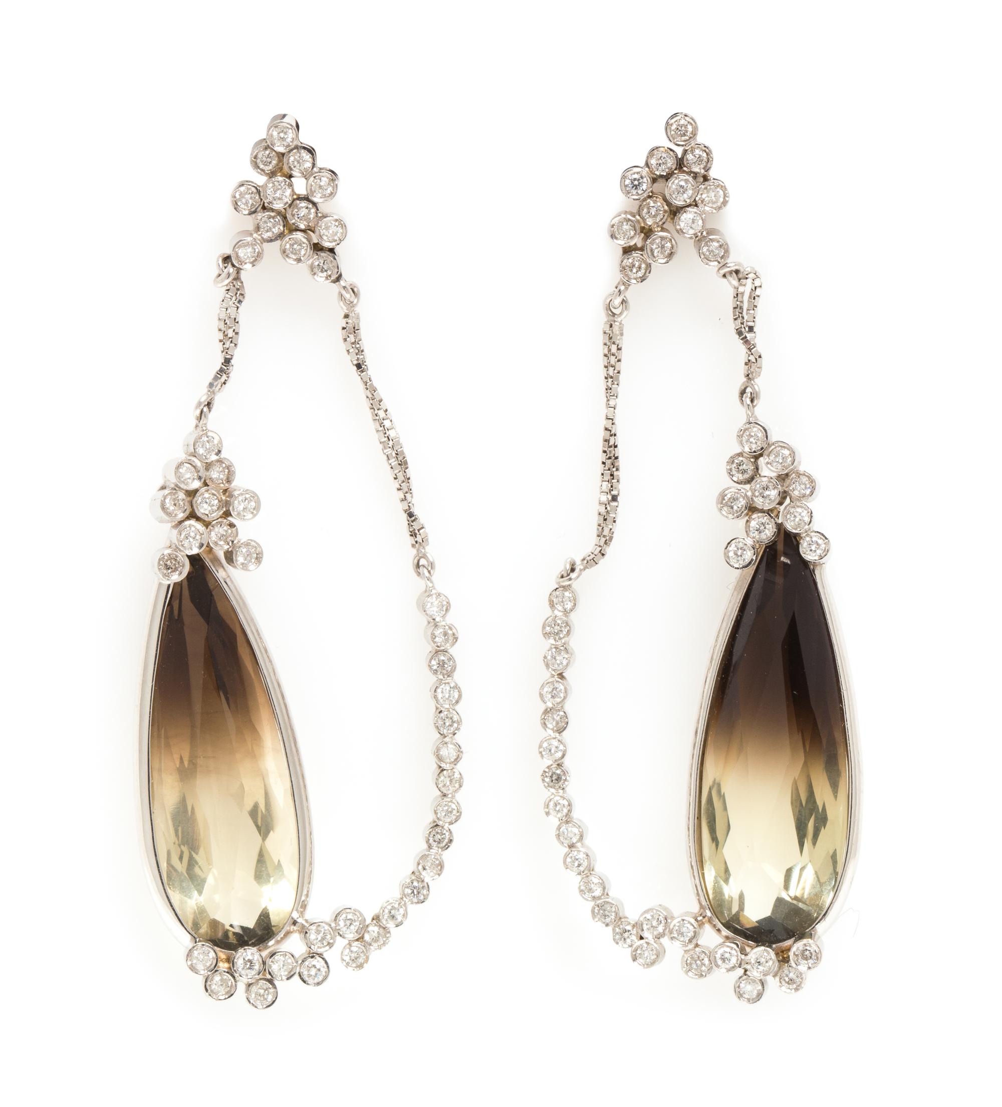 A Pair of 18 Karat White Gold, Smoky Quartz and Diamond Earrings, Mary Esses, 10.60 dwts.