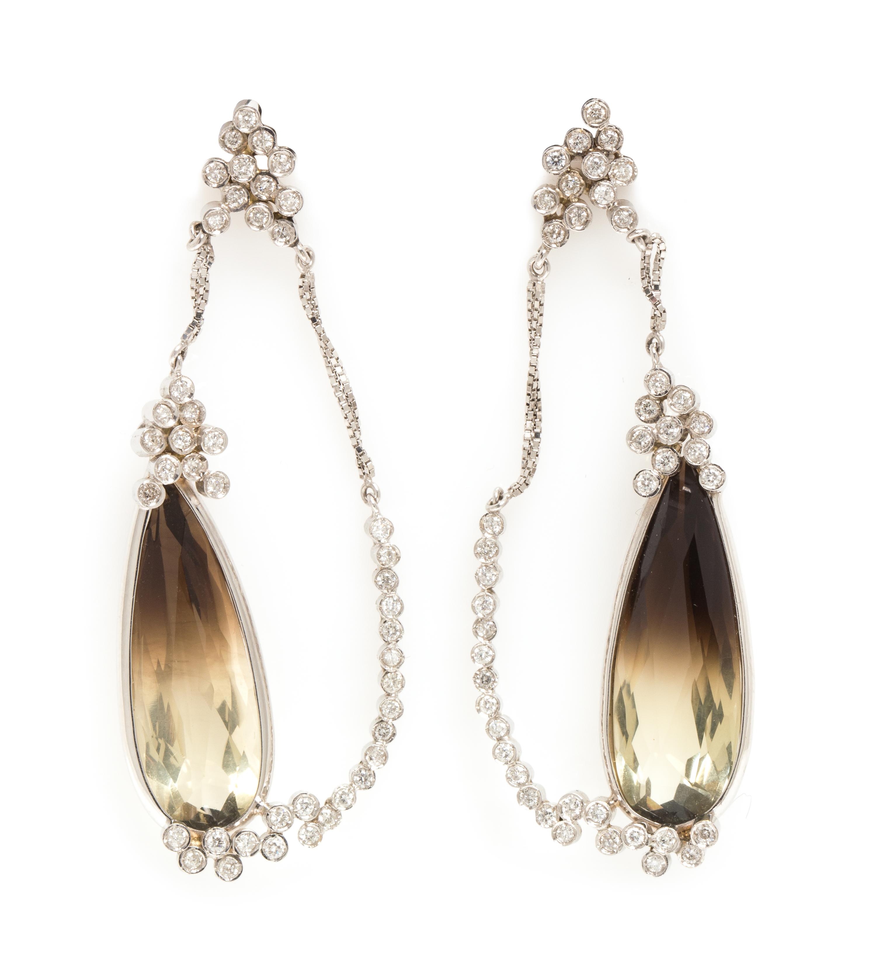 A Pair of 18 Karat White Gold, Smoky Quartz and Diamond Earrings, Mary Esses, 10.60 dwts.