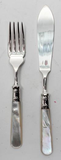 A Sheffield Plate Mother-of-Pearl Fish Service, , comprising six fish knives, and six fish forks.