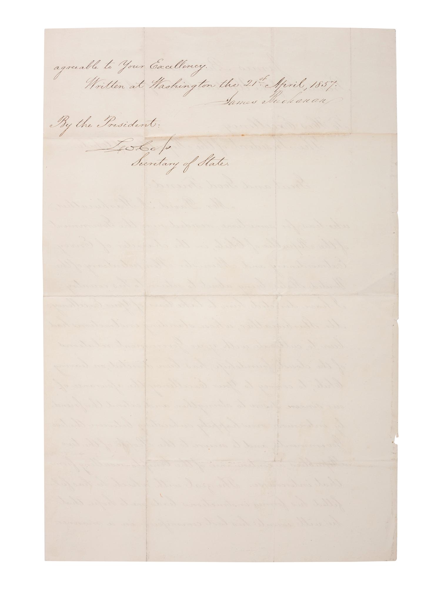 [US PRESIDENTS] -- [BUCHANAN, James (1791-1868)]. Letter Signed as President, to Chilean President Manuel Montt. Washington, DC, 21 April 1857.