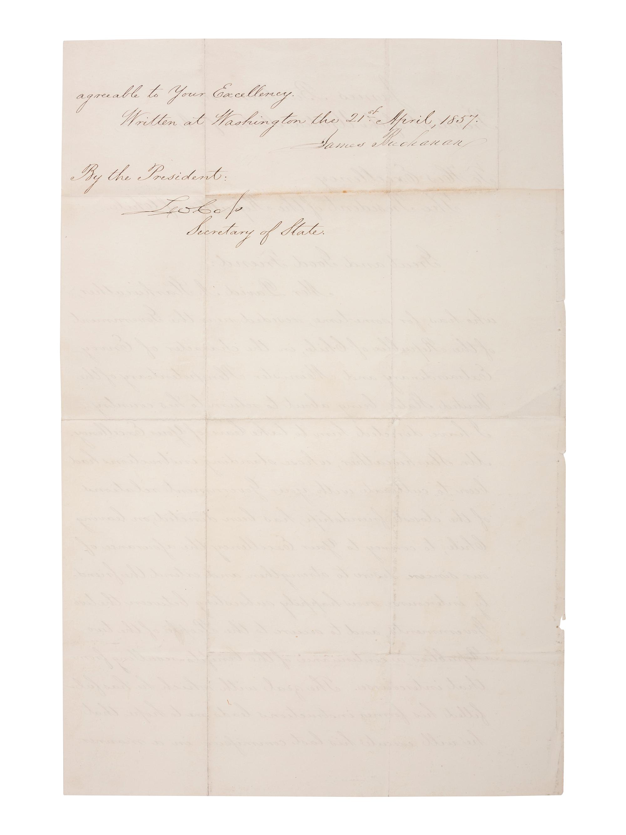 [US PRESIDENTS] -- [BUCHANAN, James (1791-1868)]. Letter Signed as President, to Chilean President Manuel Montt. Washington, DC, 21 April 1857.
