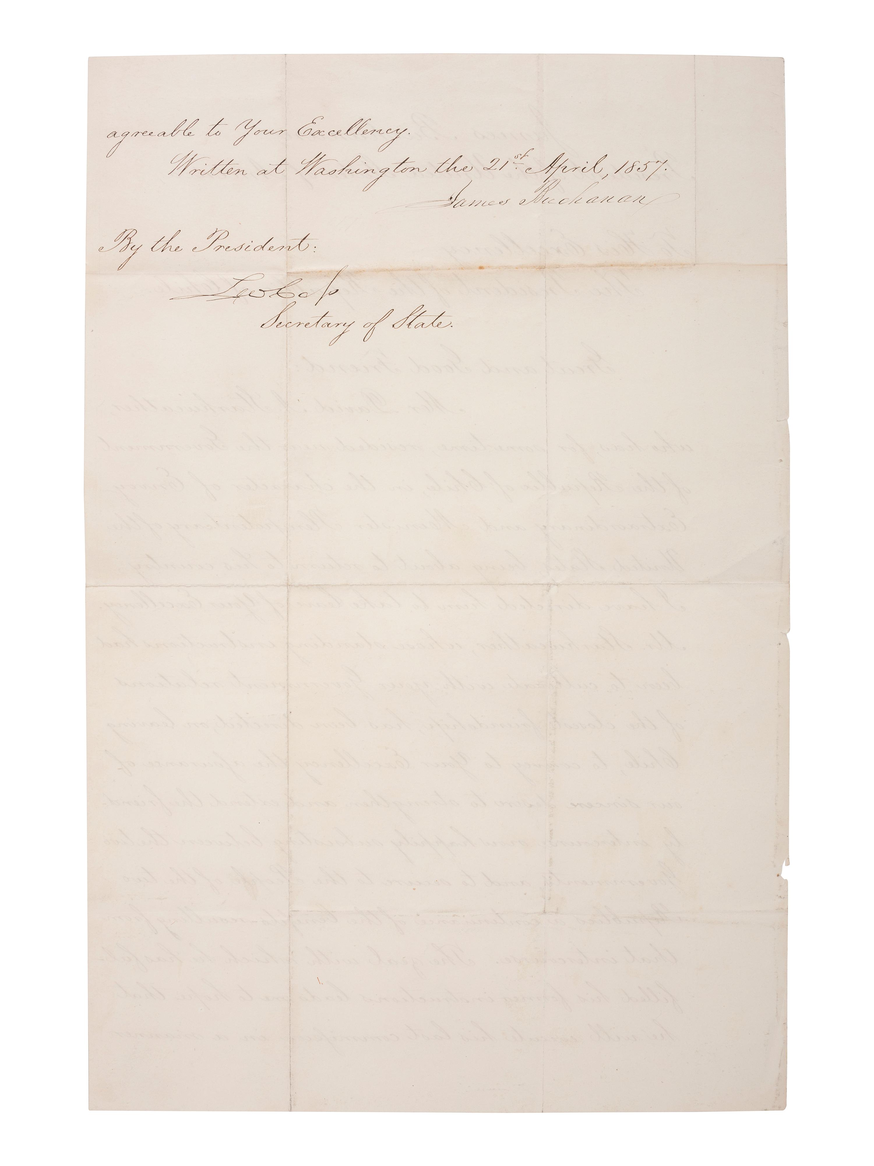 [US PRESIDENTS] -- [BUCHANAN, James (1791-1868)]. Letter Signed as President, to Chilean President Manuel Montt. Washington, DC, 21 April 1857.