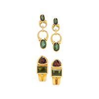 COLLECTION OF YELLOW GOLD, GARNET AND TOURMALINE EARRINGS