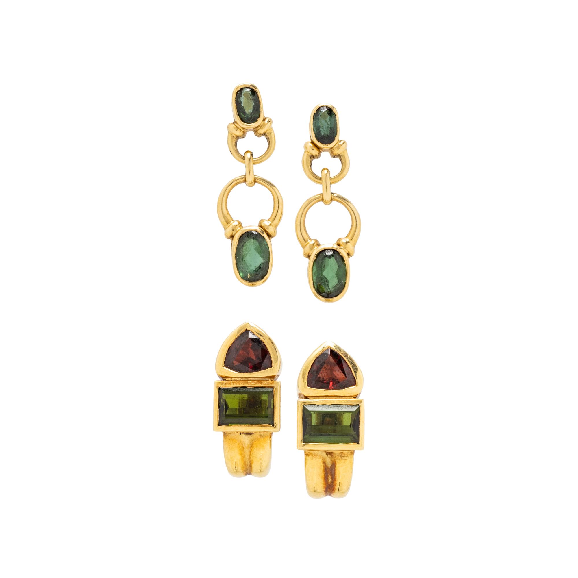 COLLECTION OF YELLOW GOLD, GARNET AND TOURMALINE EARRINGS
