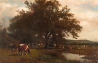 Cattle Grazing by a Pond