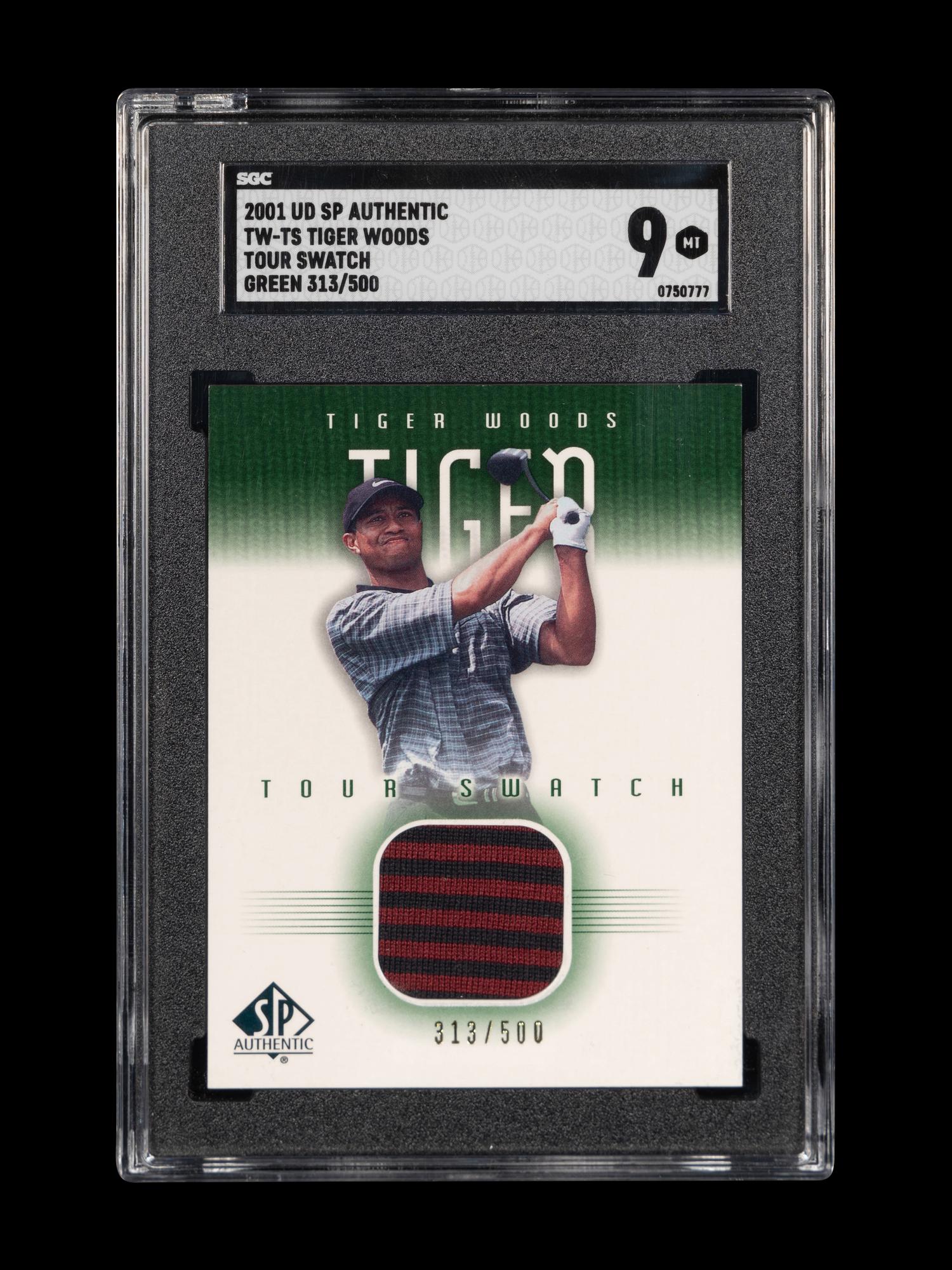 A 2001 Upper Deck SP Authentic Tiger Woods Tour Swatch TW-TS Green 313/500 Rookie Golf Card (SGC 9 MINT)