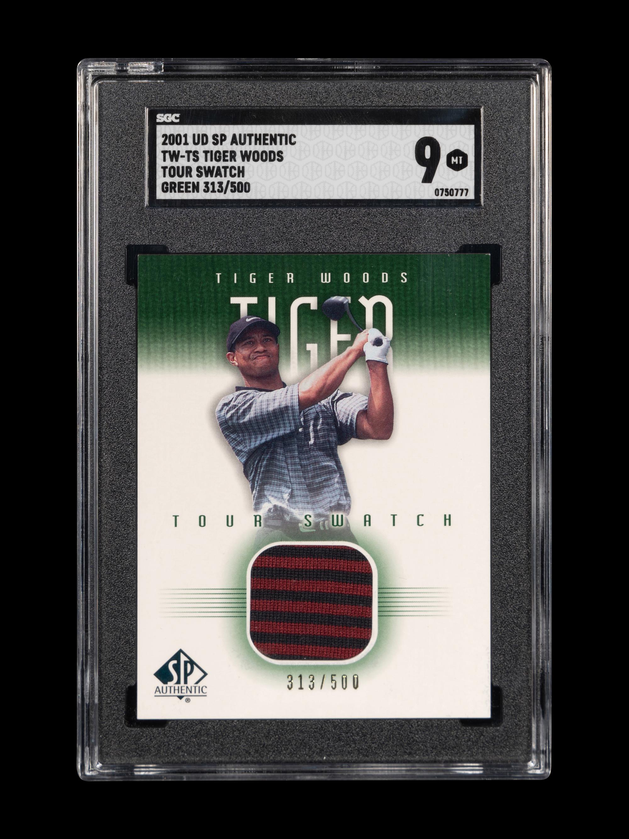 A 2001 Upper Deck SP Authentic Tiger Woods Tour Swatch TW-TS Green 313/500 Rookie Golf Card (SGC 9 MINT)