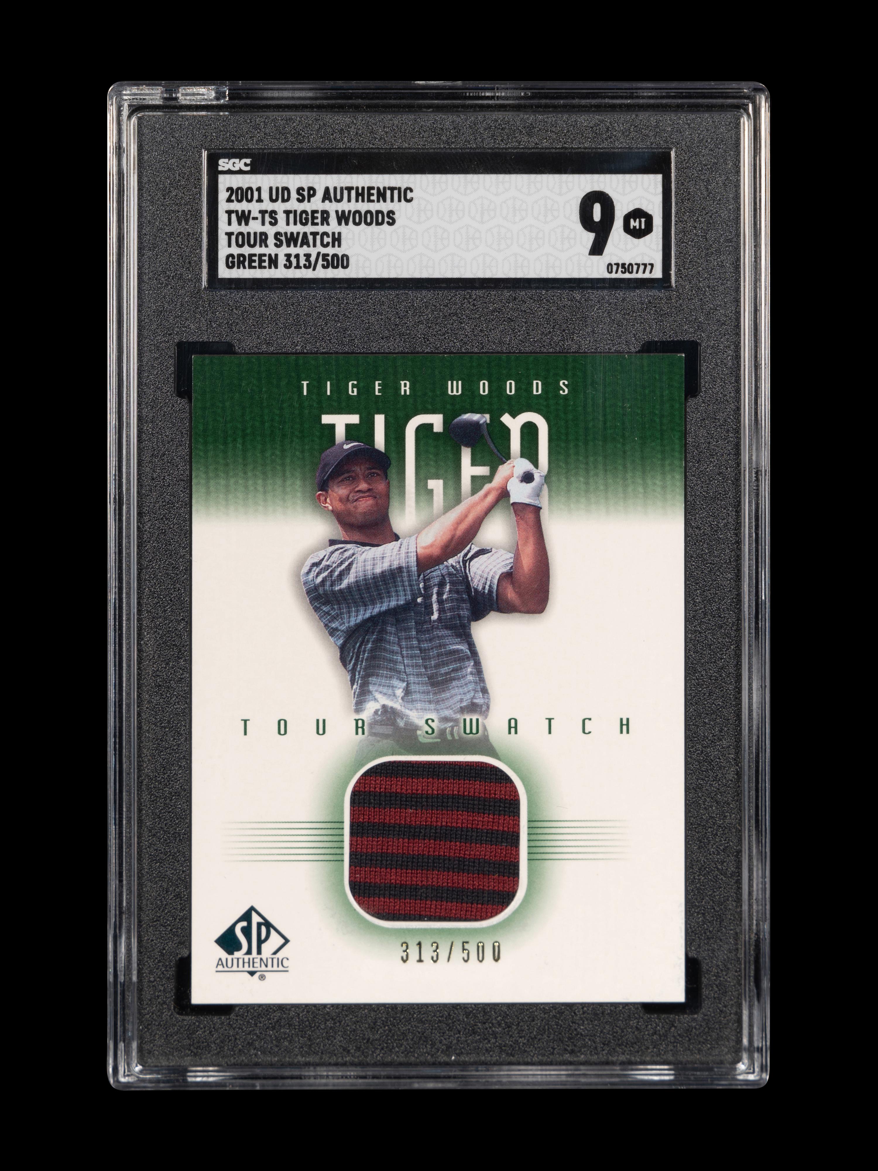 A 2001 Upper Deck SP Authentic Tiger Woods Tour Swatch TW-TS Green 313/500 Rookie Golf Card (SGC 9 MINT)