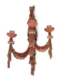 A Pair of Venetian Style Painted and Silver-Gilt Wood Three-Light Sconces