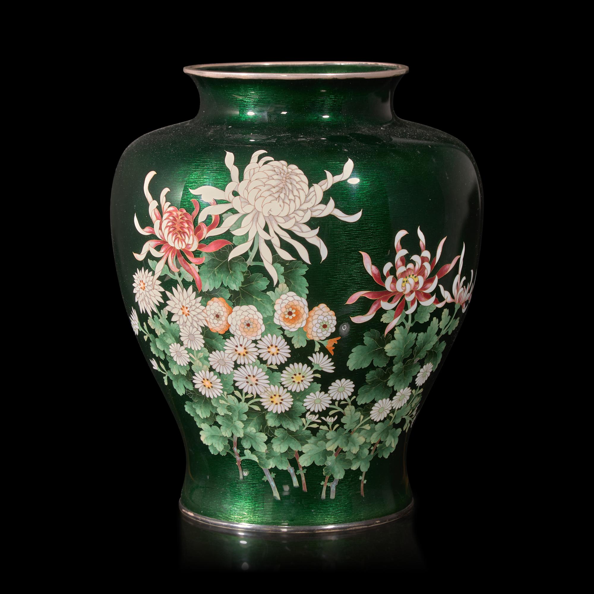 A Japanese Green Ground Cloisonné Vase, Ando Jubei Studio