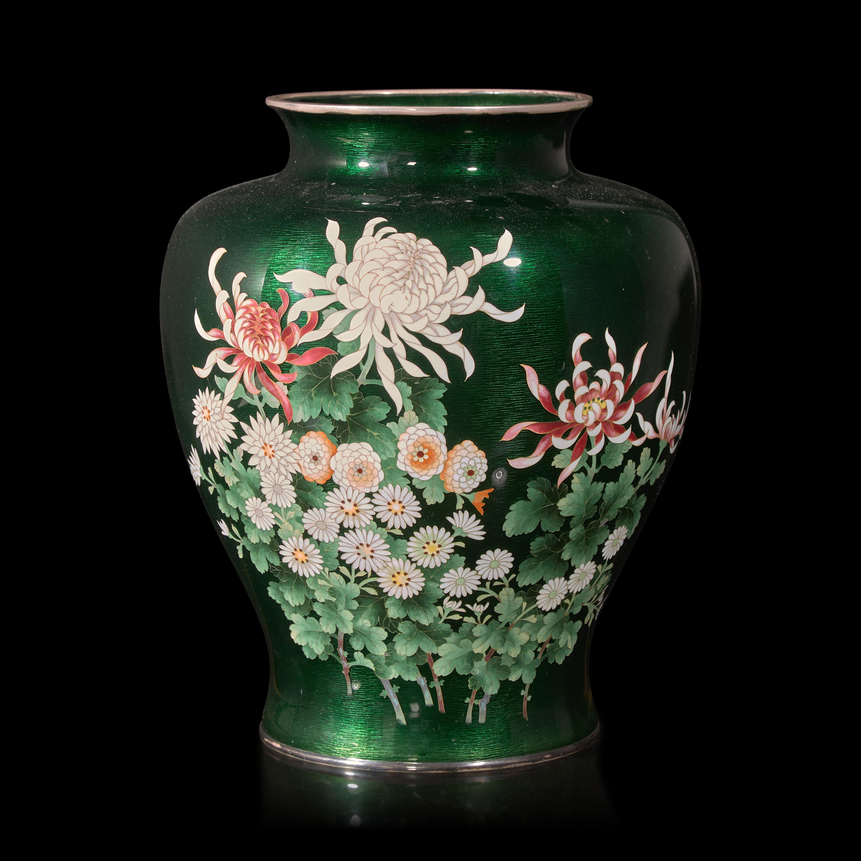 A Japanese Green Ground Cloisonné Vase, Ando Jubei Studio
