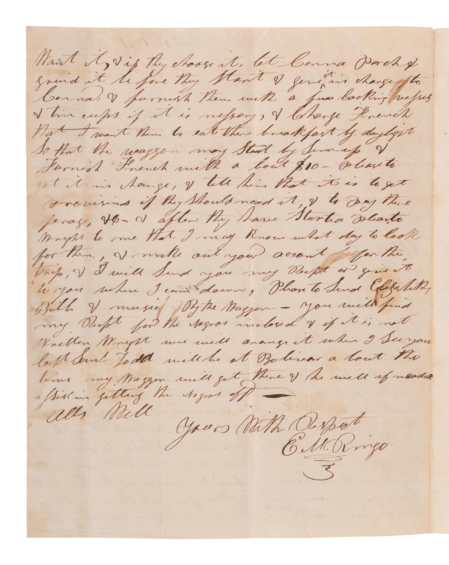 [ENSLAVEMENT]. Letter directing conveyance of slaves via wagon driven by a "Black man." TN, 1841.