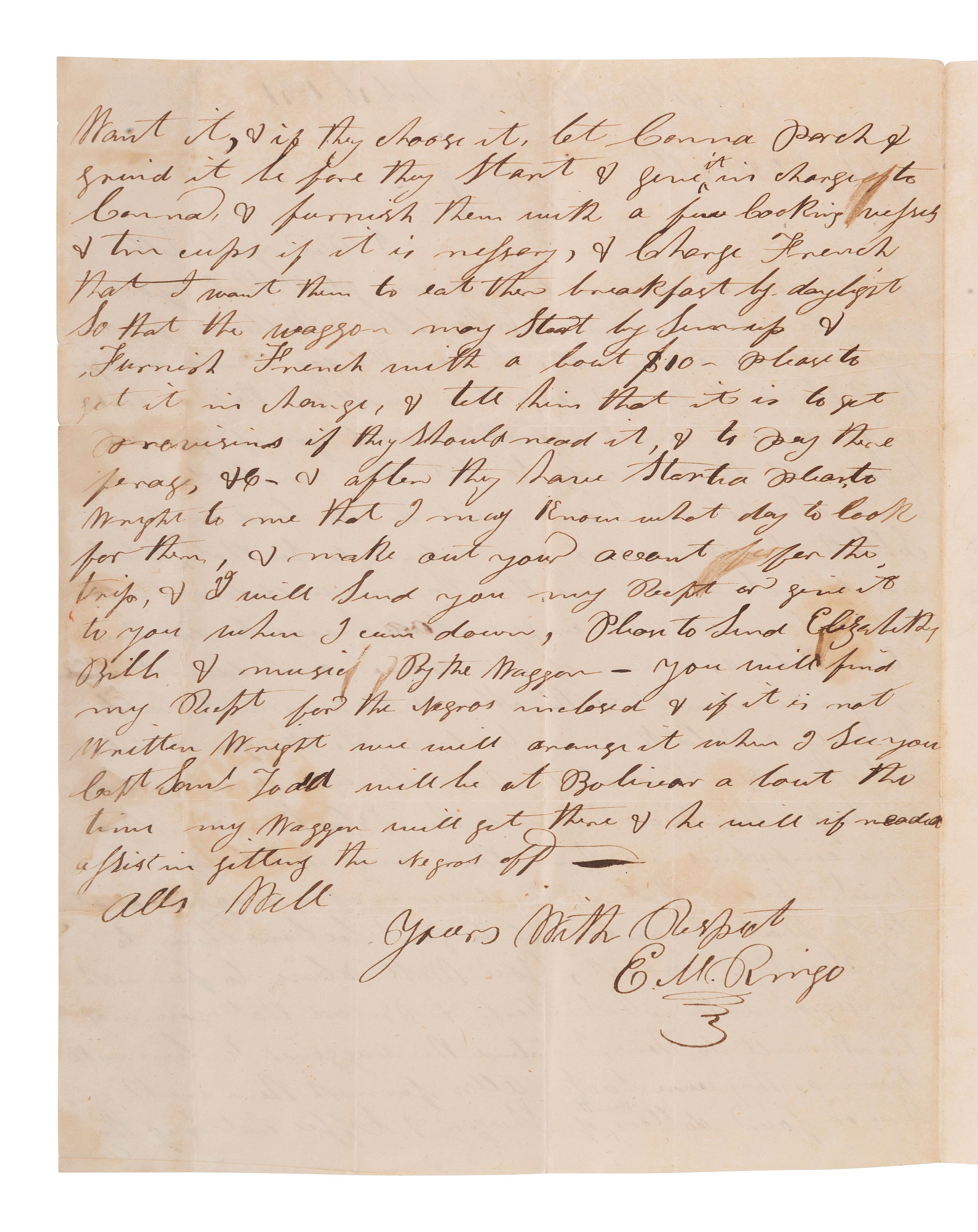 [ENSLAVEMENT]. Letter directing conveyance of slaves via wagon driven by a "Black man." TN, 1841.