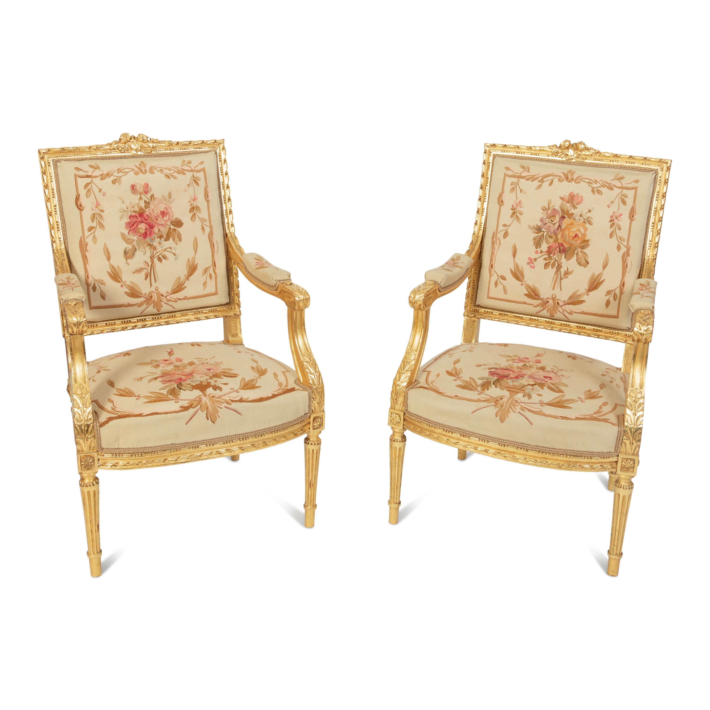 A Louis XVI Style Giltwood Five-Piece Salon Suite