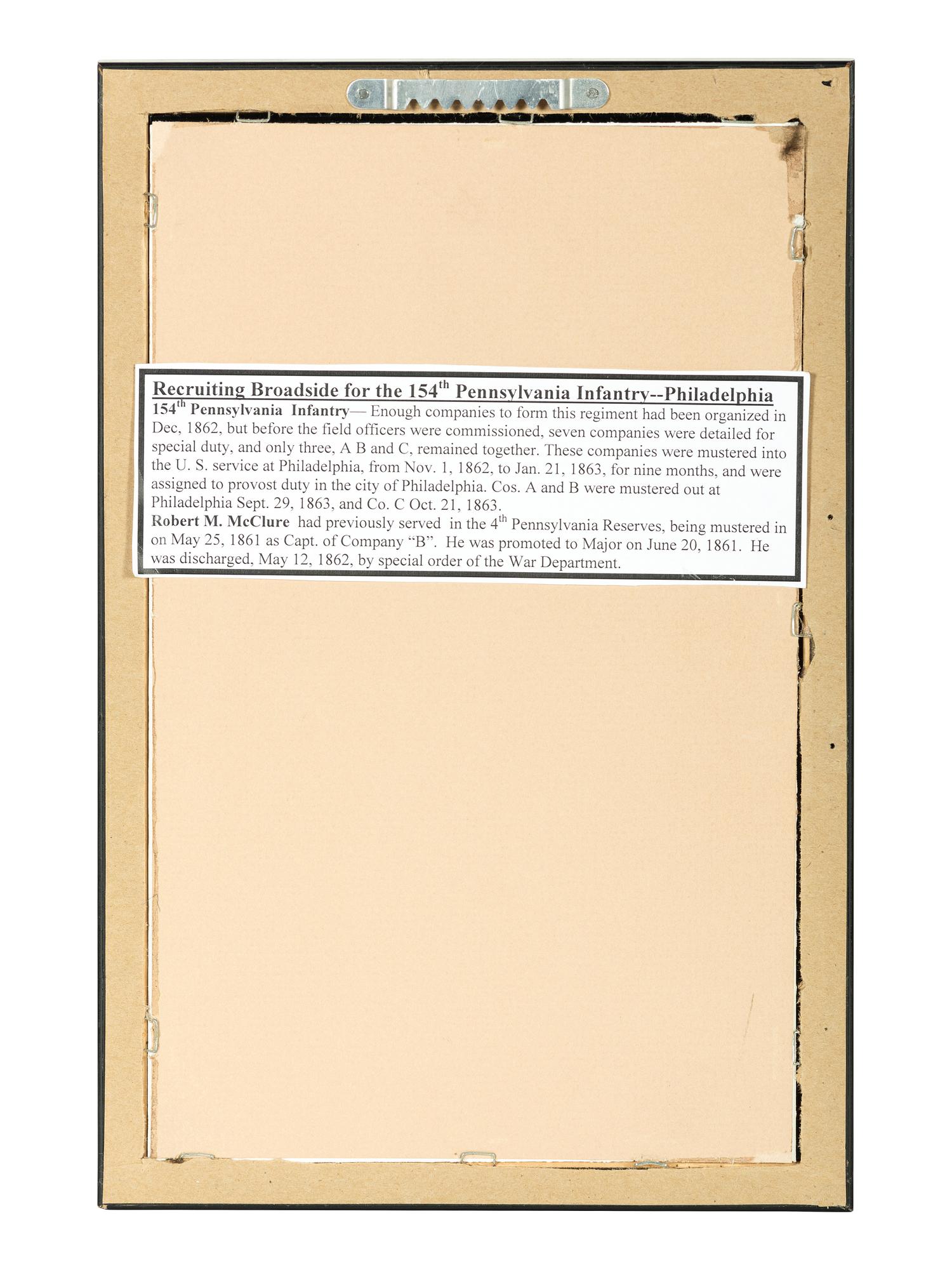 [CIVIL WAR]. Volunteers Wanted for Nine Months Service / 154th Regiment Penna. Volunteers . [Philadelphia, PA]: ca October 1862.