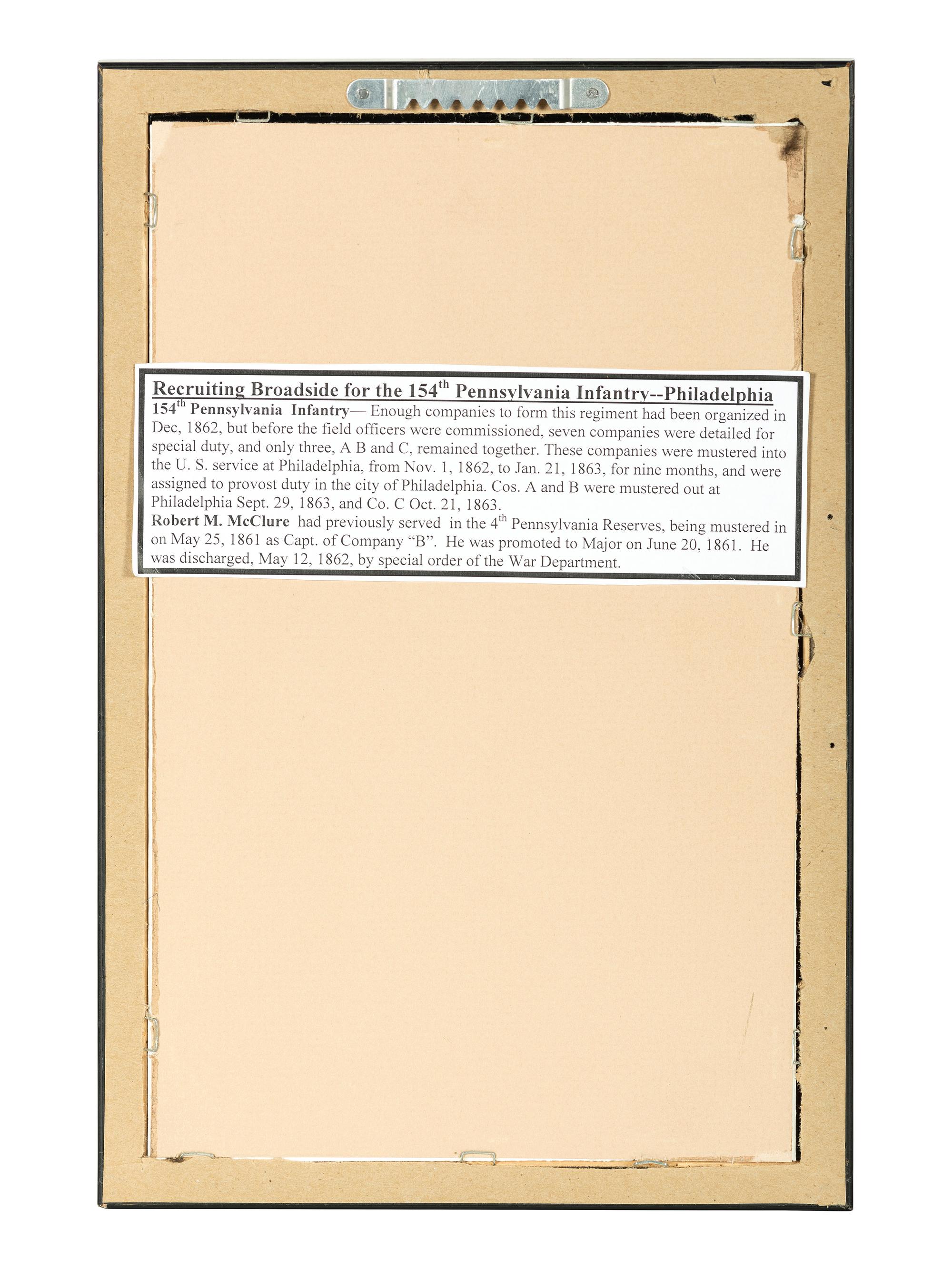 [CIVIL WAR]. Volunteers Wanted for Nine Months Service / 154th Regiment Penna. Volunteers . [Philadelphia, PA]: ca October 1862.