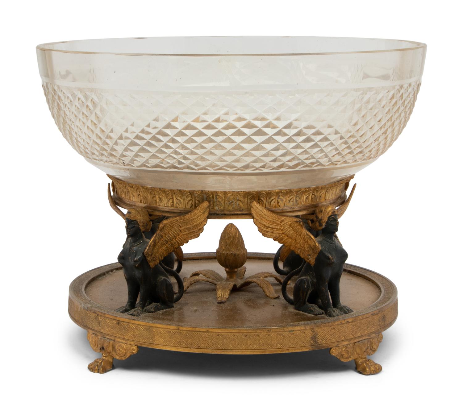 An Empire Style Gilt and Patinated Bronze Mounted Cut Glass Centerpiece Bowl