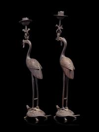 A Japanese Bronze Incense Burner and A Pair of Crane-Form Candle Holders