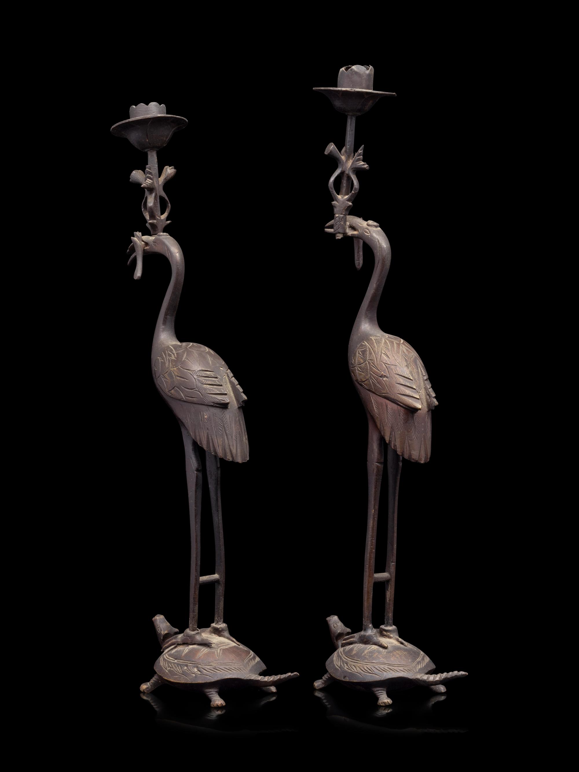 A Japanese Bronze Incense Burner and A Pair of Crane-Form Candle Holders
