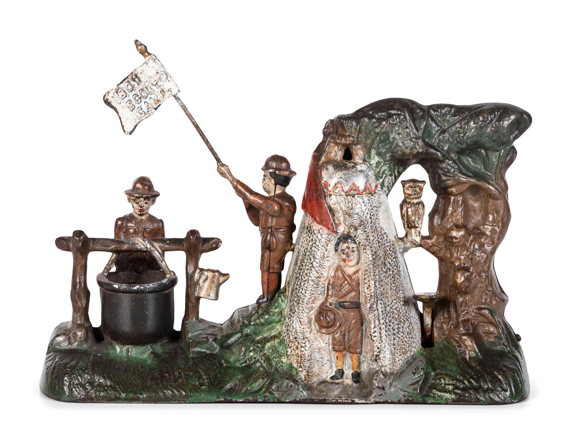 A J. and E. Stevens 'Boy Scout Camp' Cast Iron Mechanical Bank