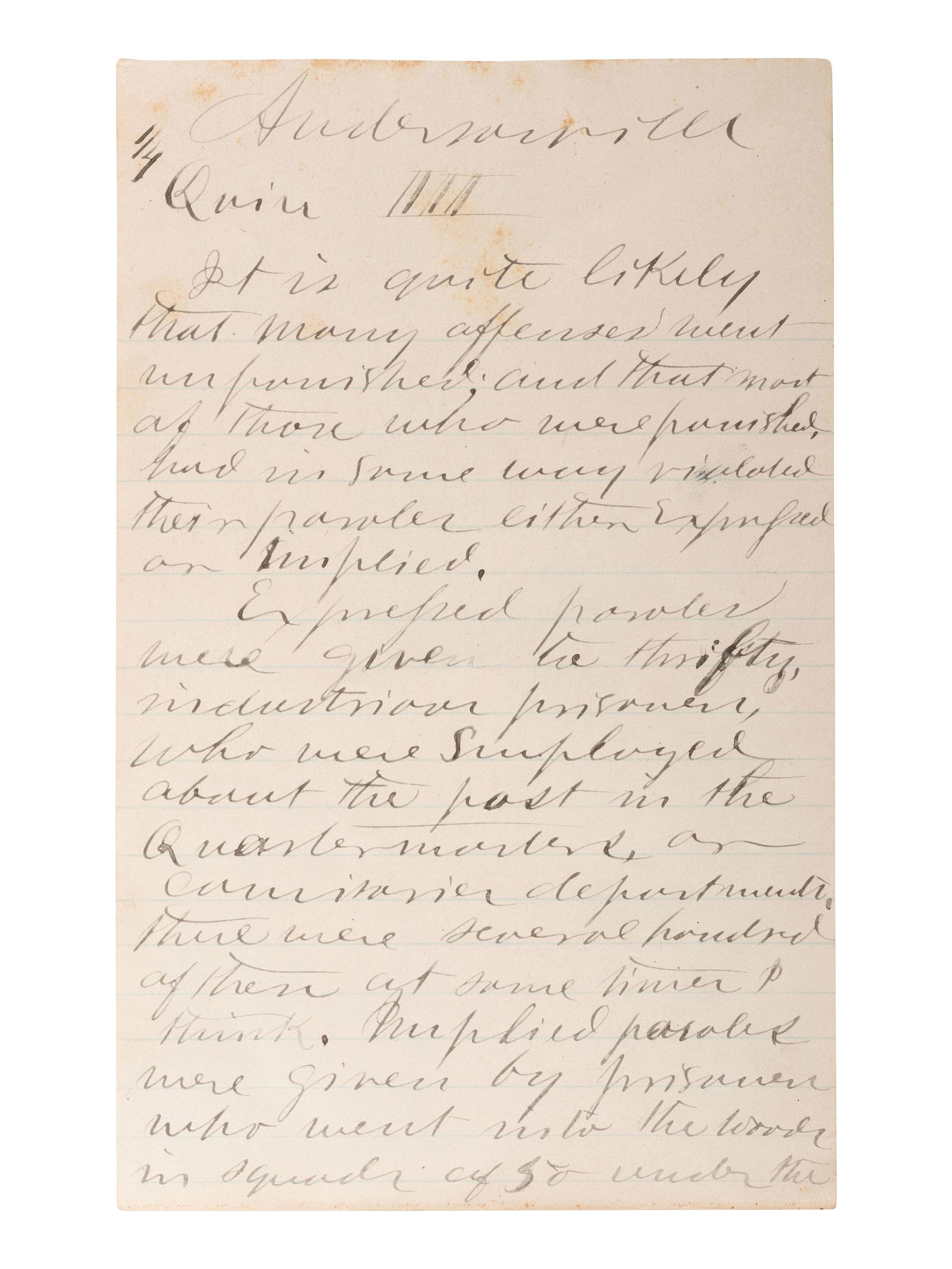 [CIVIL WAR]. "Recolectrance of Andersonville." A post-war manuscript account of Andersonville POW camp authored by former prison guard John Ledley Dagg Hillyer (1848-1910), Co. B, 3rd Regiment Georgia Reserves.