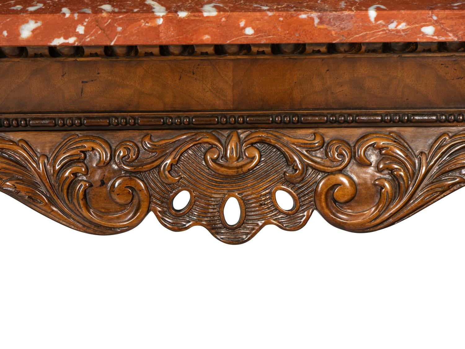 A Pair of Chippendale Style Mahogany and Rojo Alicante Marble Console Tables