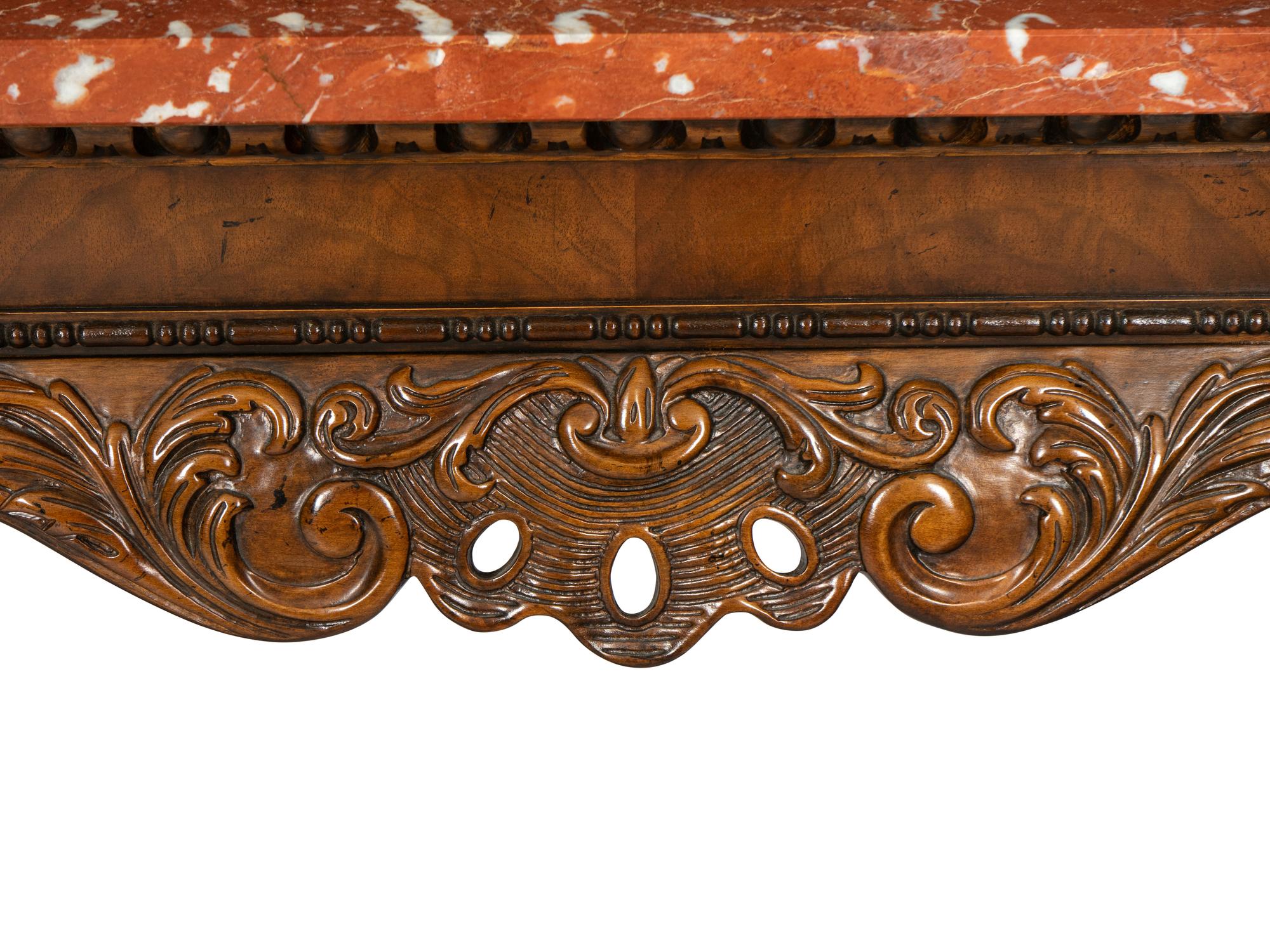 A Pair of Chippendale Style Mahogany and Rojo Alicante Marble Console Tables