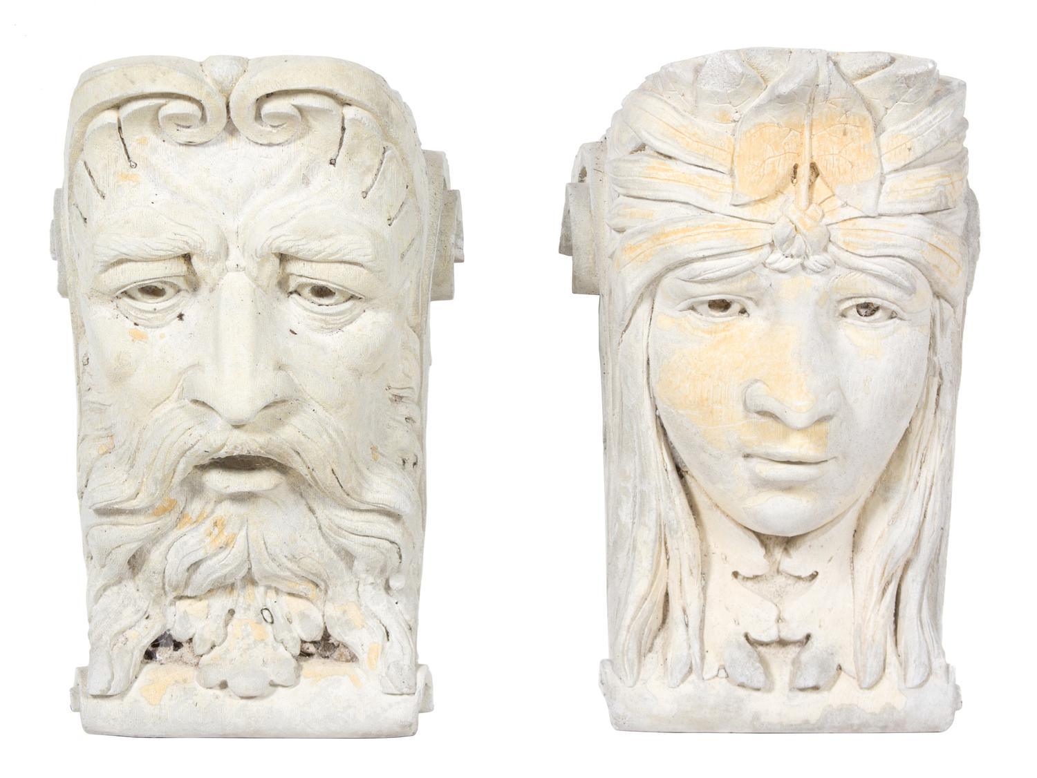 Two Carved Stone Wall Masks Height 12 x width 7 1/2 x depth 7 1/2 inches. — 20TH CENTURY