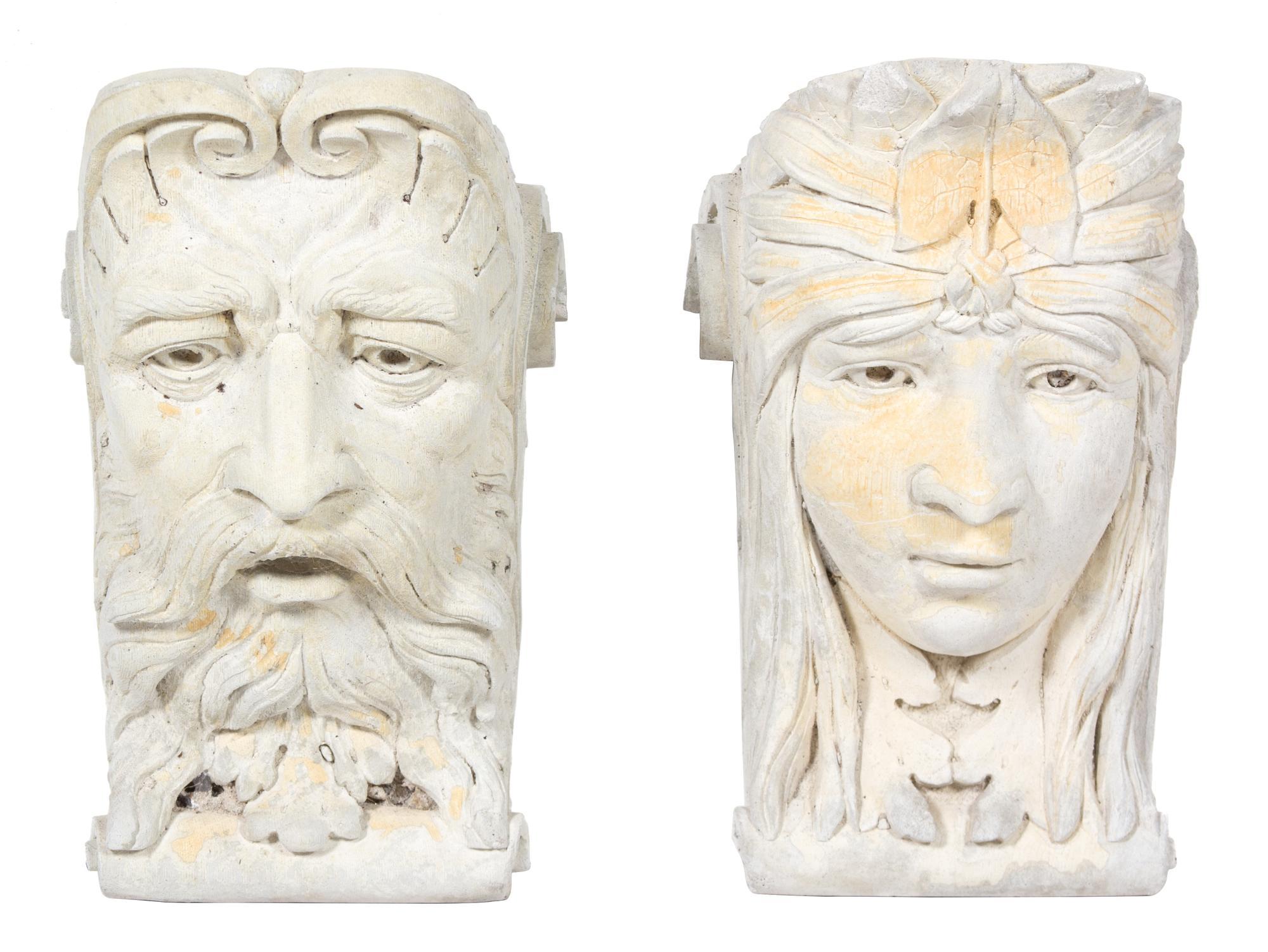 Two Carved Stone Wall Masks Height 12 x width 7 1/2 x depth 7 1/2 inches. — 20TH CENTURY