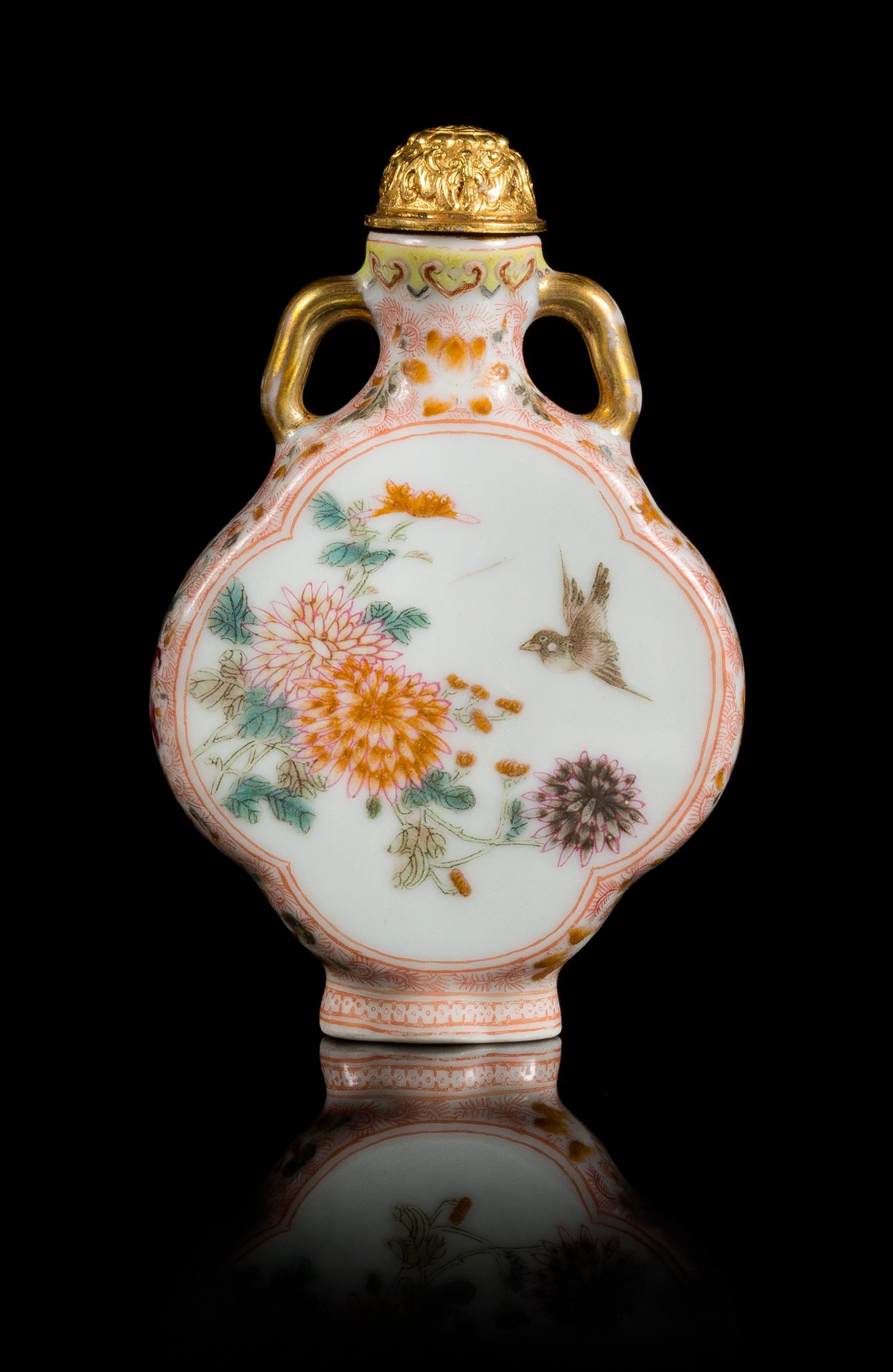 A Famille Rose Porcelain Snuff Bottle Height 3 1/4 inches. — LIKELY JIAQING PERIOD (1796-1820)