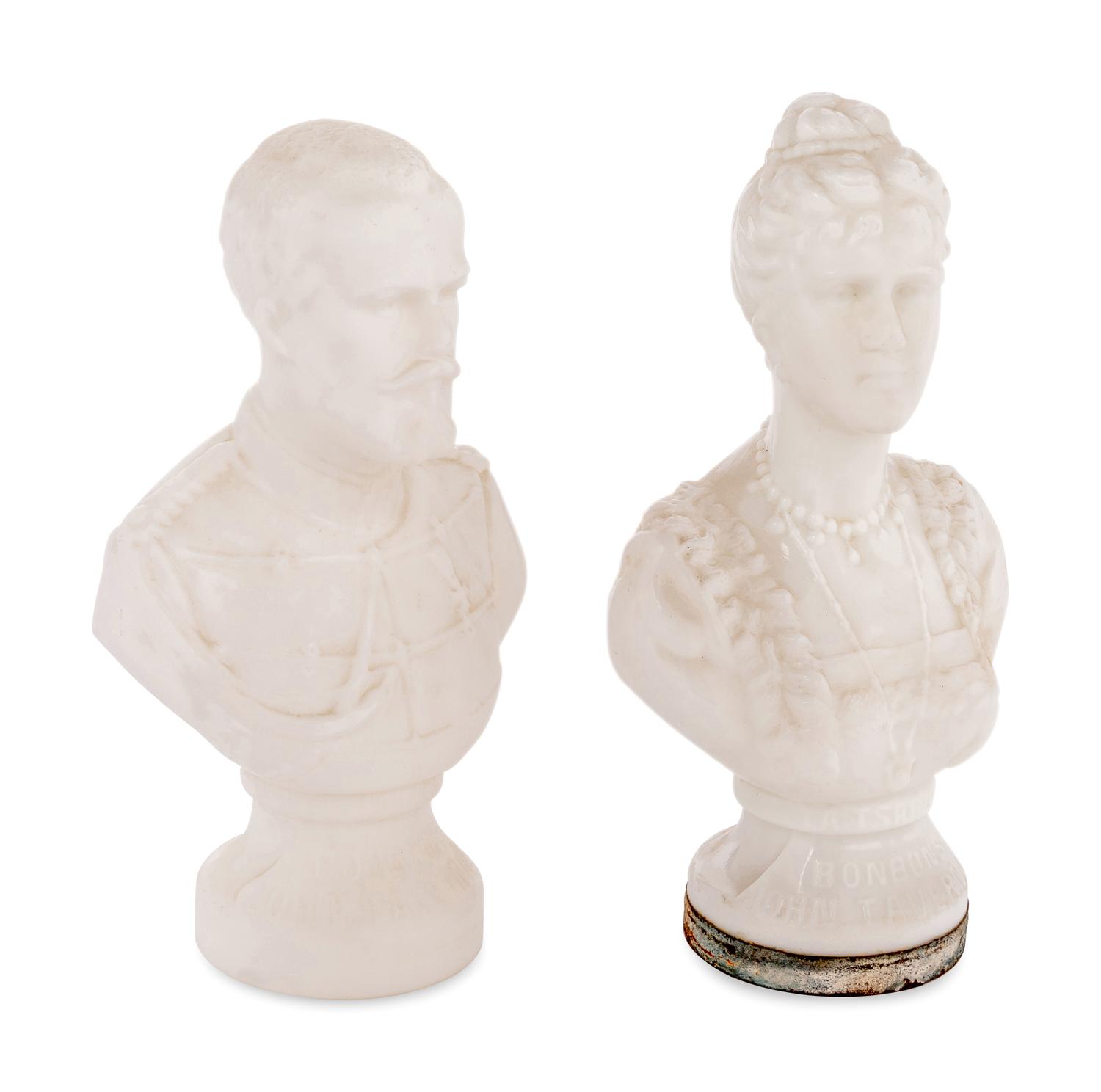 A Pair of French Milk Glass Portrait Busts of Czar Nicholas II and Empress Alexandra