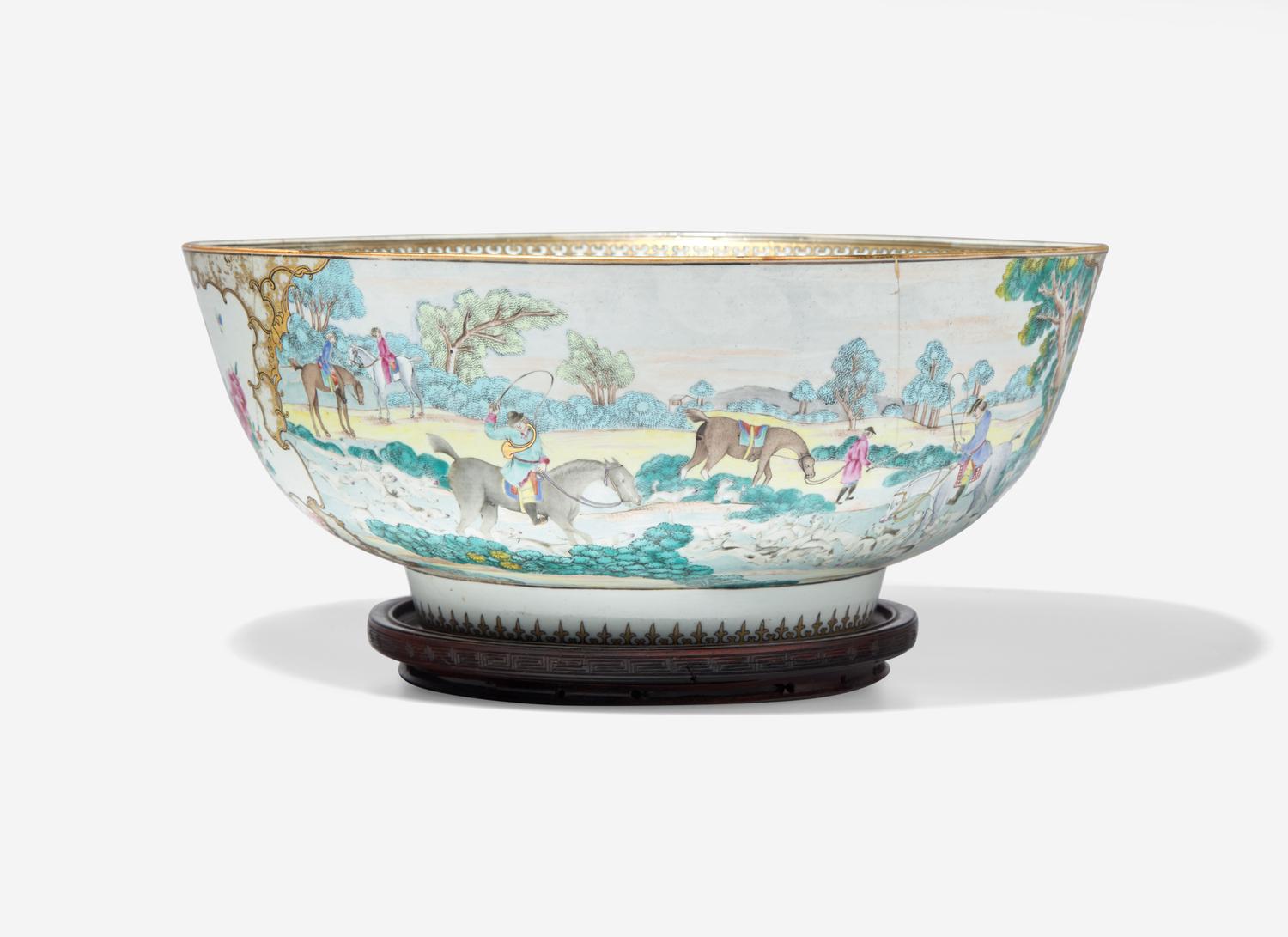 A Chinese Export Porcelain Famille Rose 'Hunt' Punch Bowl